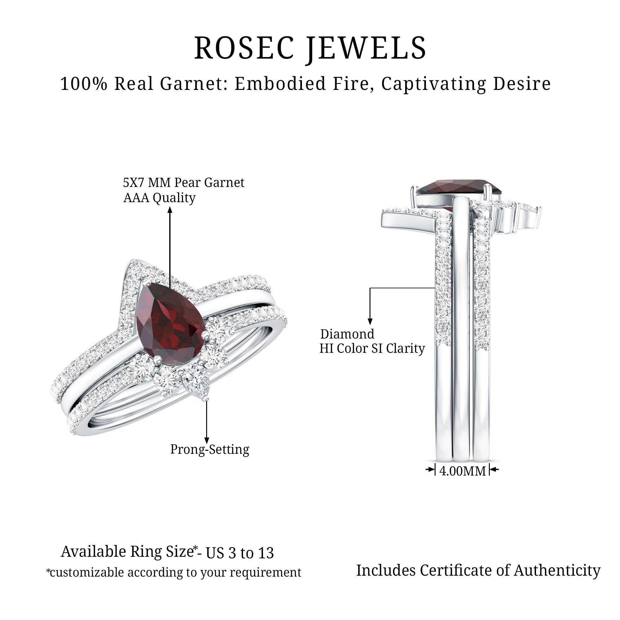 Natural 0.8 Carat Pear Shaped Garnet Diamond 3 Piece Bridal Ring Set AAA - Rosec Jewels