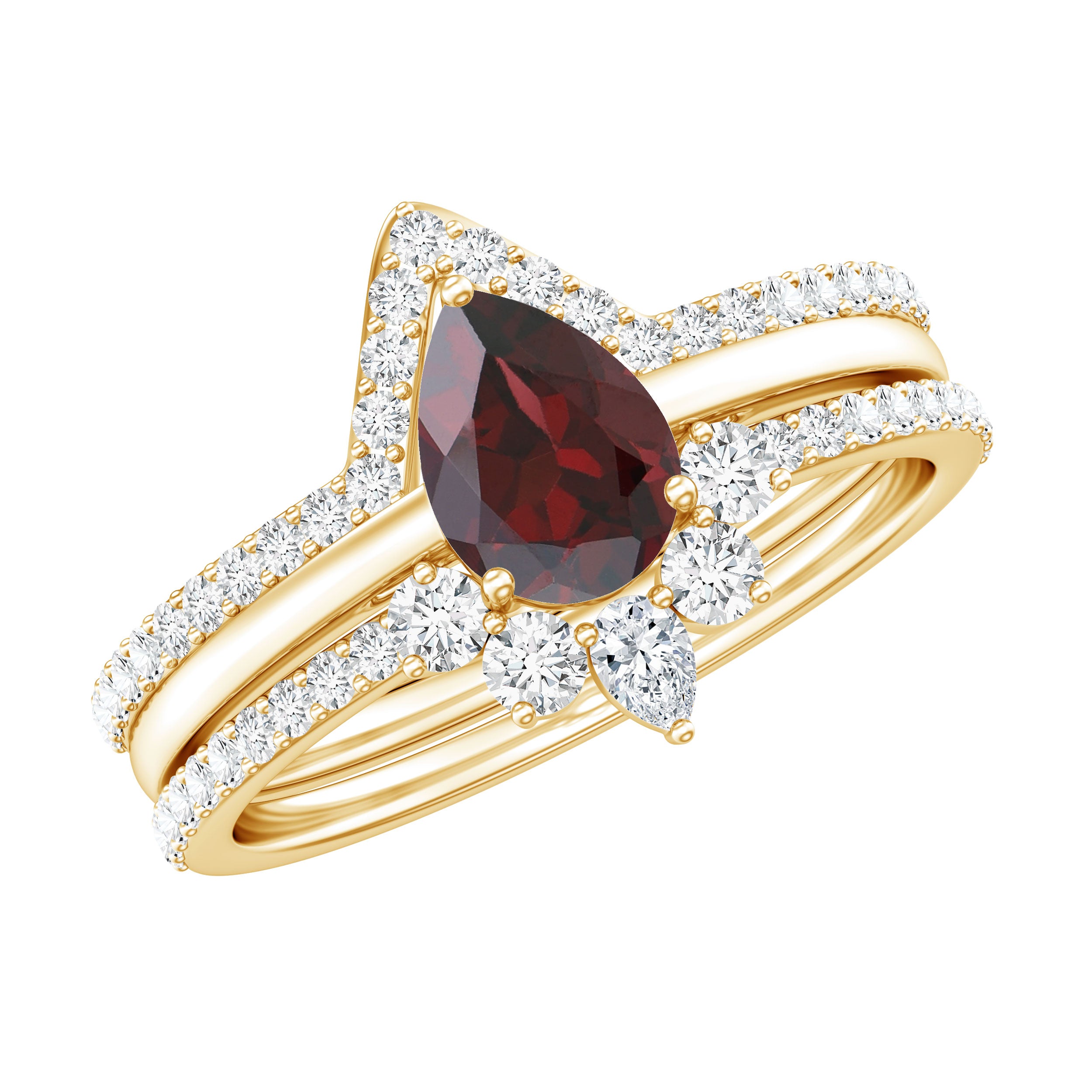 Natural 0.8 Carat Pear Shaped Garnet Diamond 3 Piece Bridal Ring Set AAA - Rosec Jewels