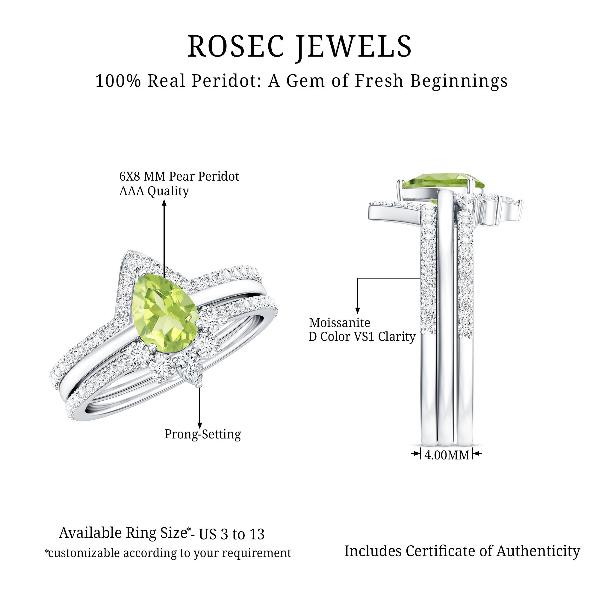 Certified Real 1 Carat Peridot Trio Wedding Ring Set with Moissanite AAA - Rosec Jewels