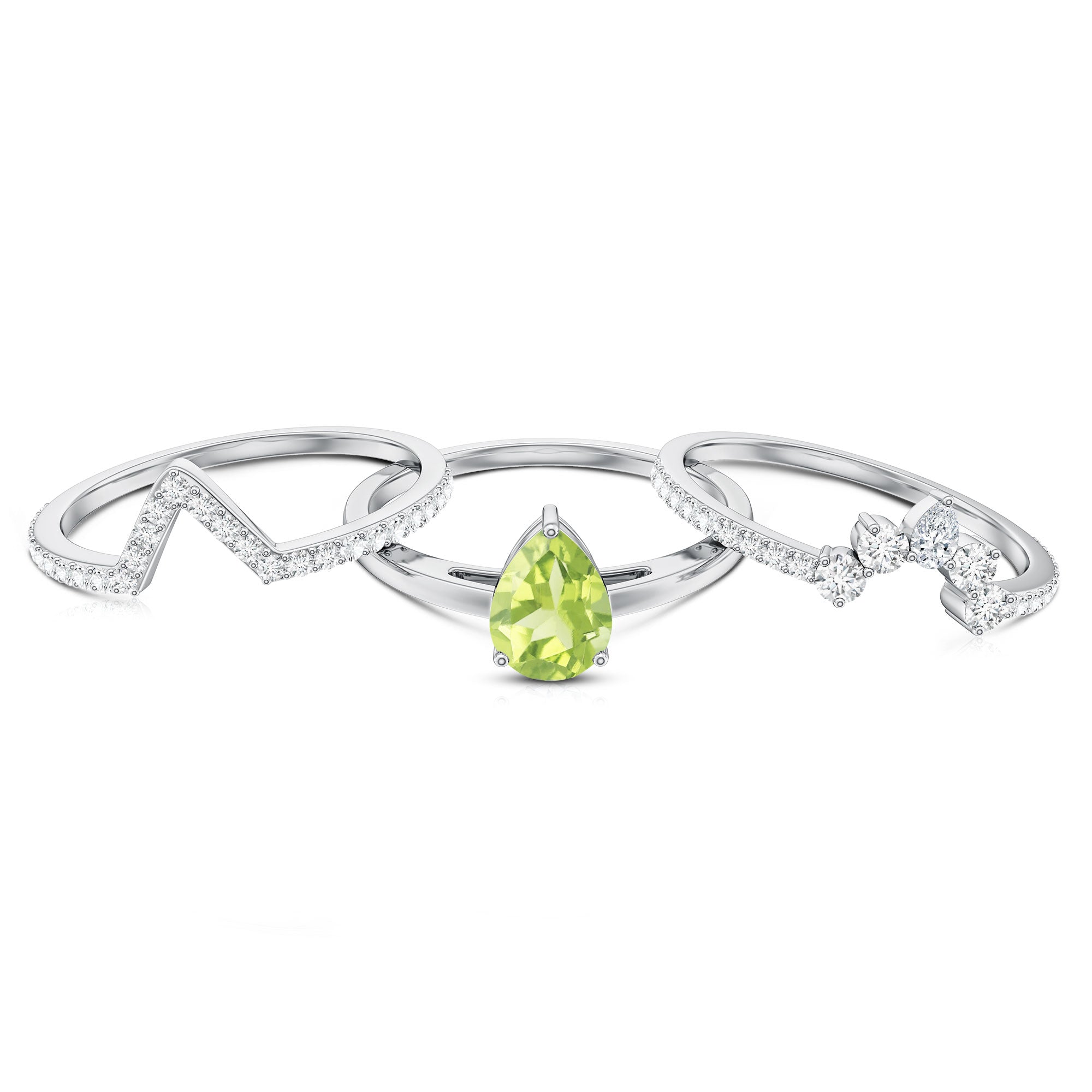 Certified Real 1 Carat Peridot Trio Wedding Ring Set with Moissanite AAA - Rosec Jewels