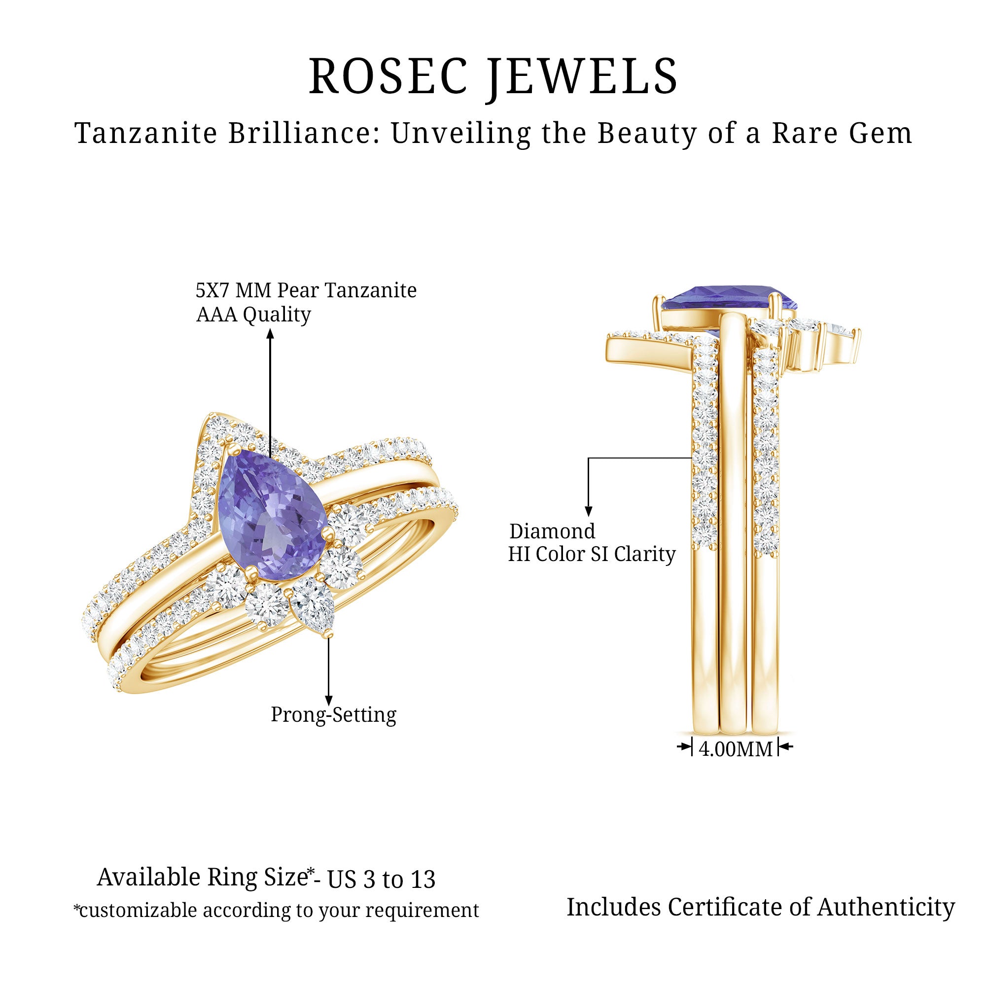 0.8 Carat Natural Tanzanite Diamond 3 Piece Wedding Ring Set AAA - Rosec Jewels