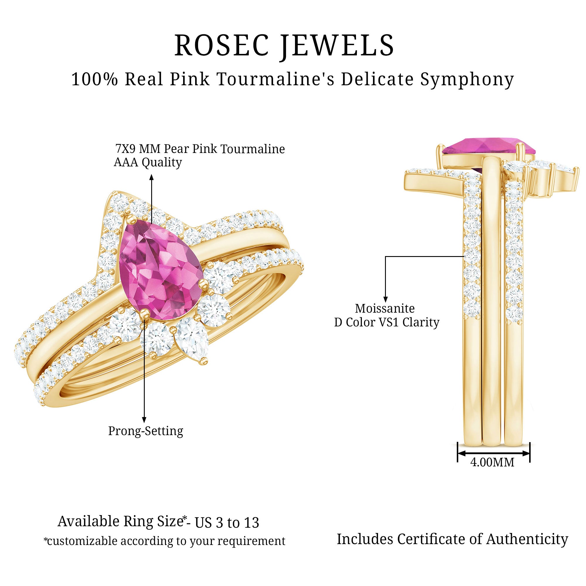 Pear Cut Pink Tourmaline Trio Wedding Ring Set with Moissanite AAA - Rosec Jewels