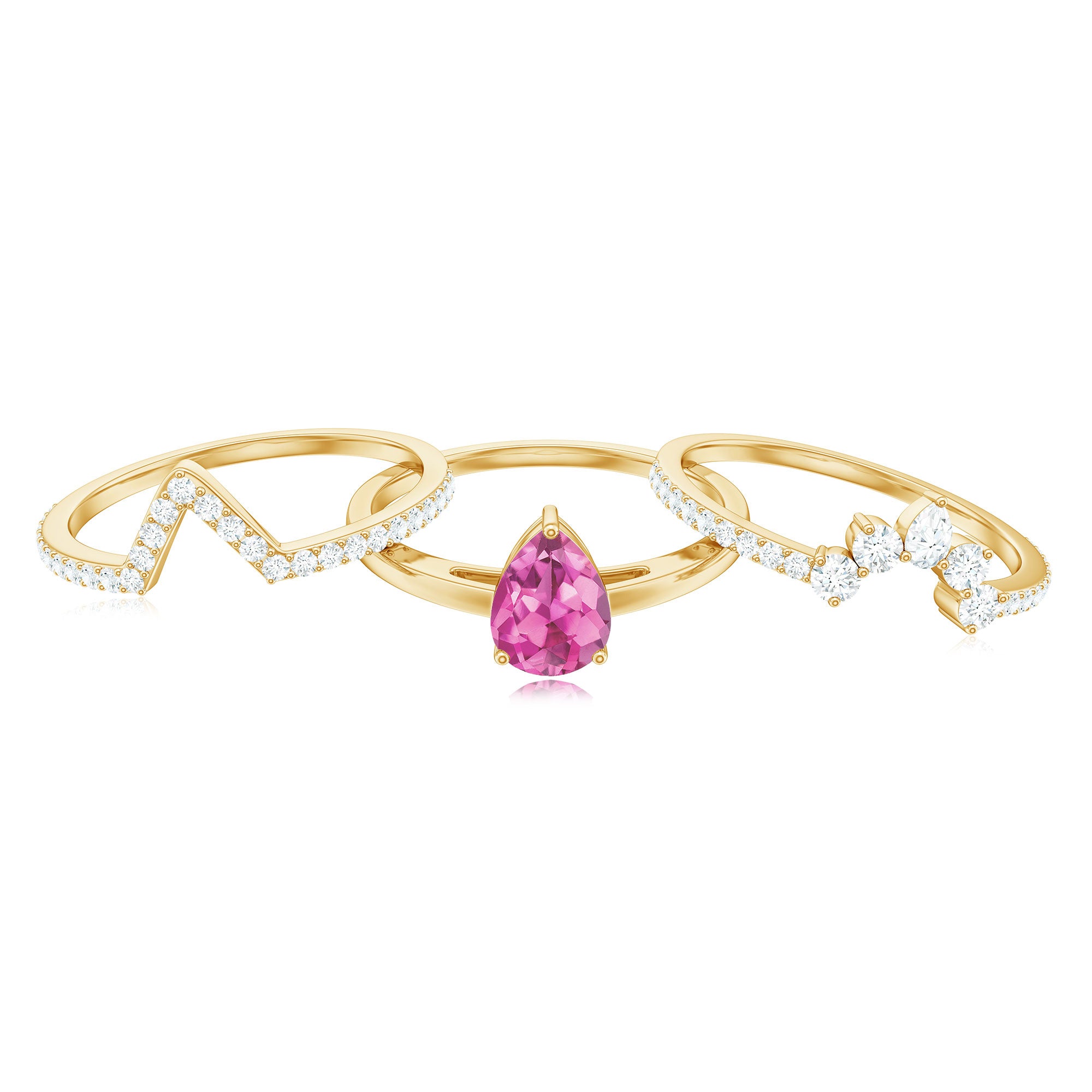 Pear Cut Pink Tourmaline Trio Wedding Ring Set with Moissanite AAA - Rosec Jewels