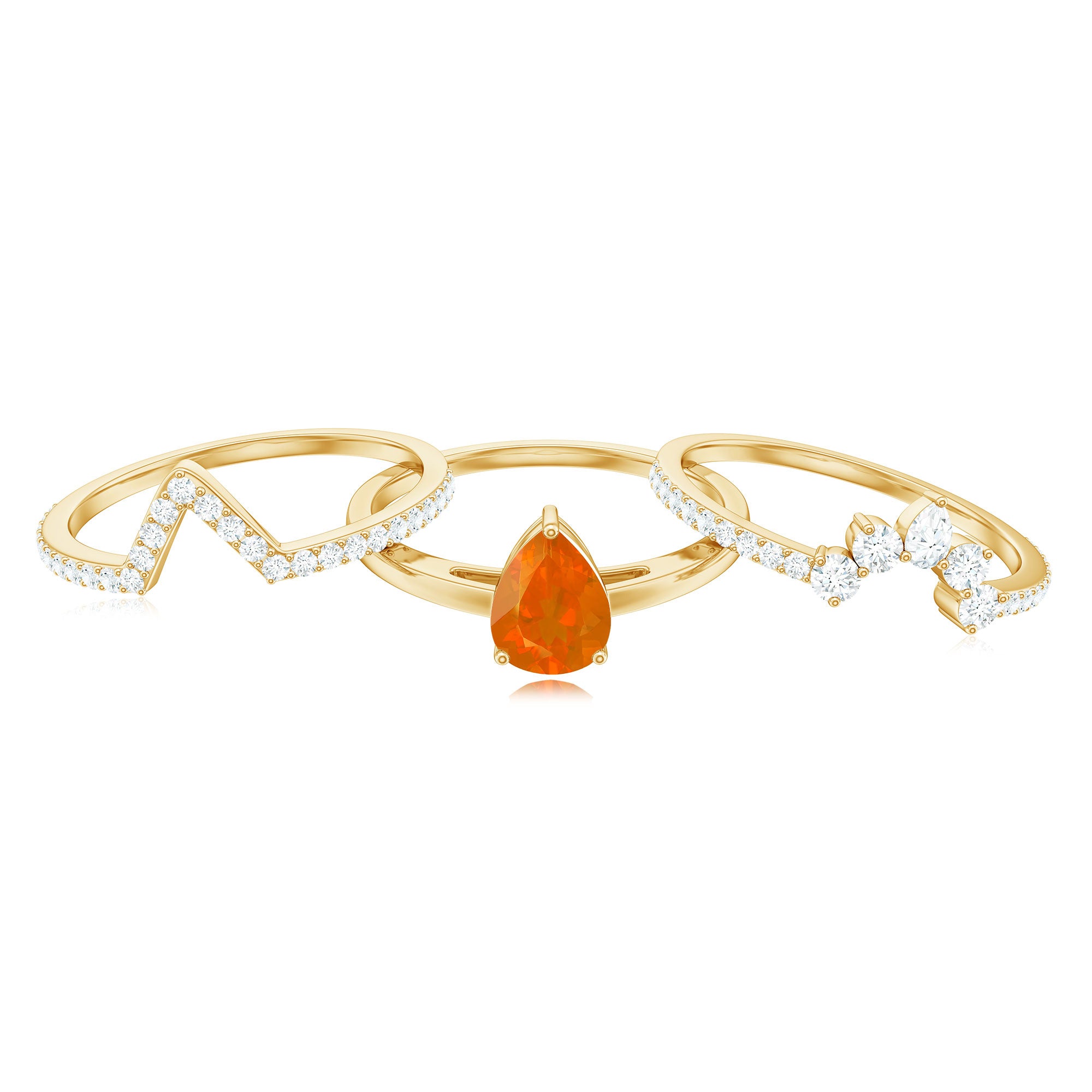 Rosec Jewels-Pear Cut Fire Opal Trio Wedding Ring Set with Moissanite