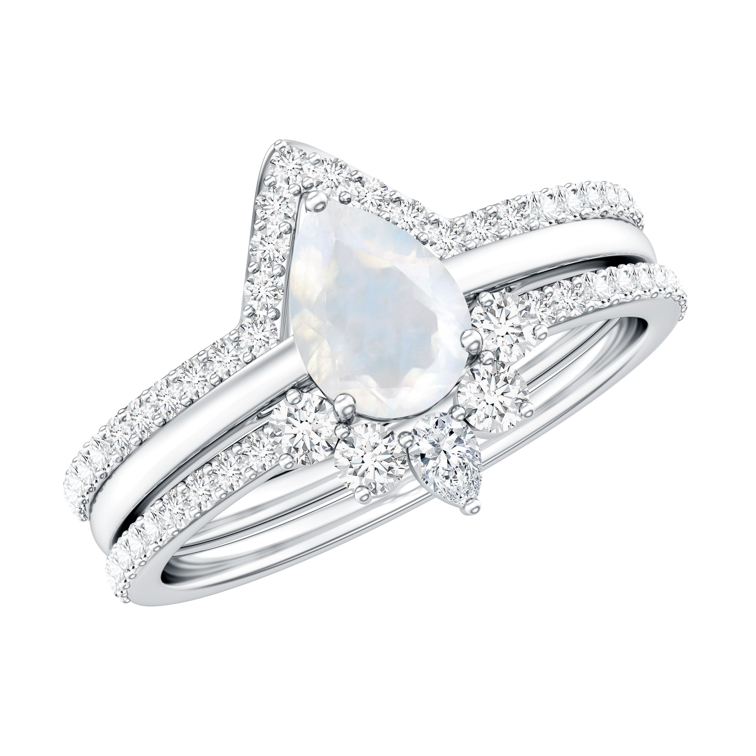 Pear Cut Moonstone Trio Wedding Ring Set with Moissanite AAA - Rosec Jewels