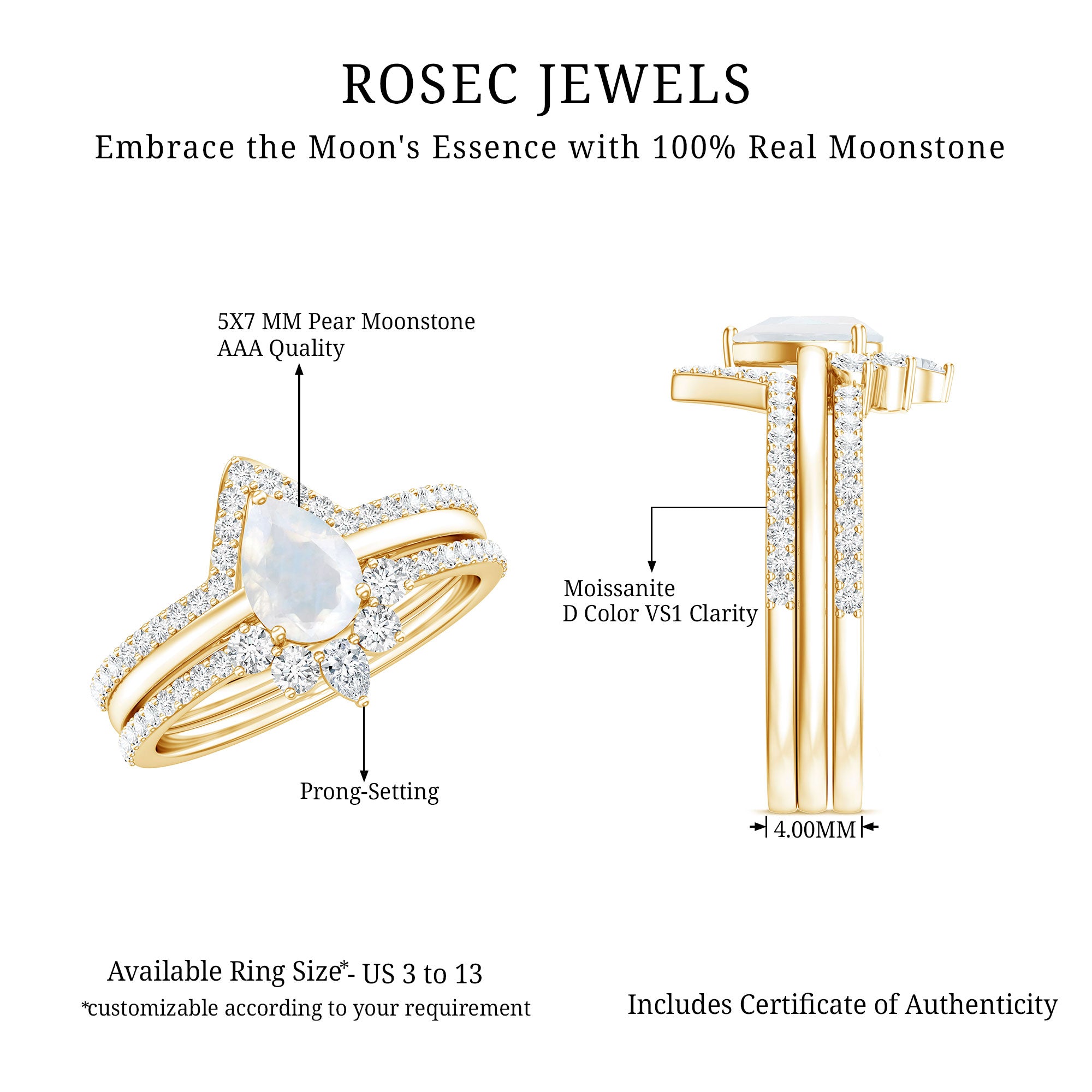 Pear Cut Moonstone Trio Wedding Ring Set with Moissanite AAA - Rosec Jewels
