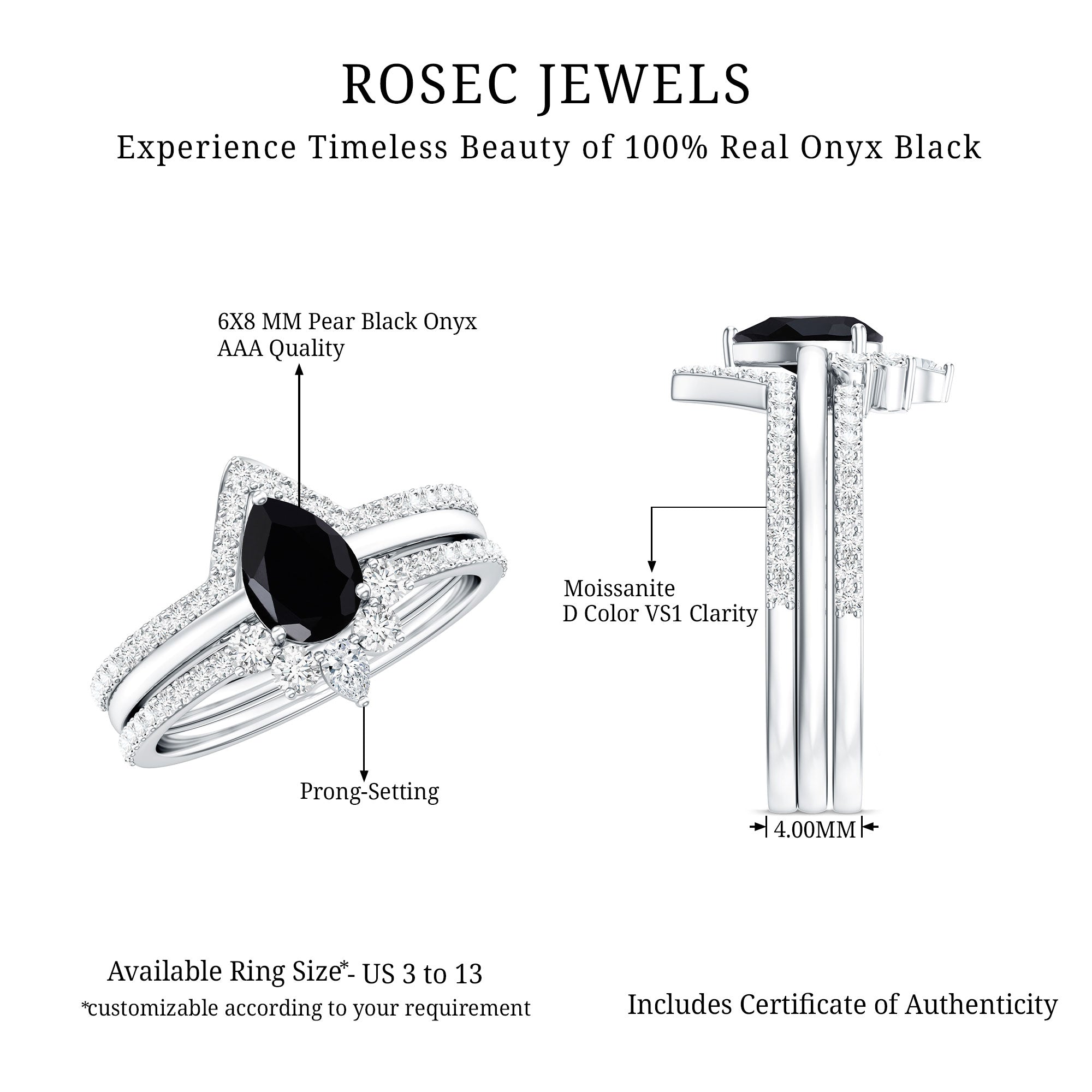 1 Carat Pear Shaped Black Onyx Engagement Ring With Ring Guards AAA - Rosec Jewels