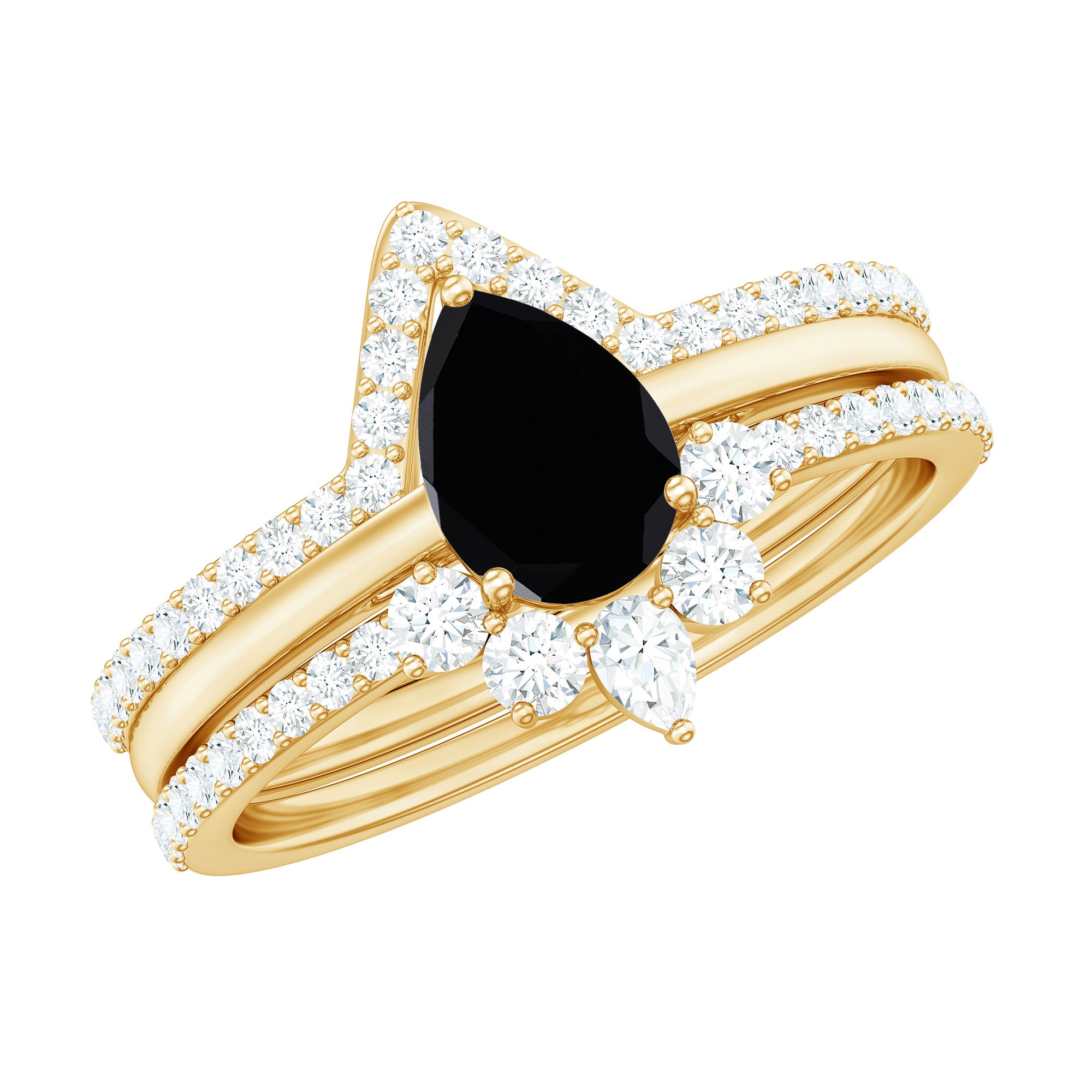 6X8mm Pear Shaped Black Onyx Engagement Ring With Ring Guards AAA - Rosec Jewels