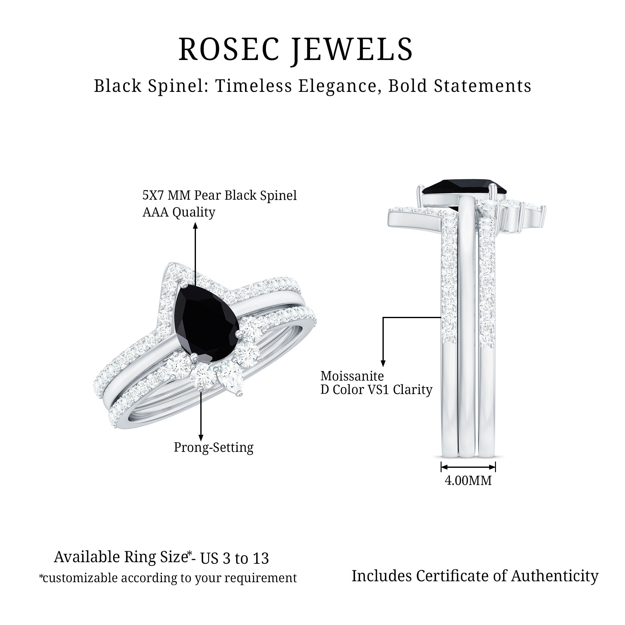Certified Natural Black Spinel 3 Piece Wedding Ring Set with Moissanite AAA - Rosec Jewels