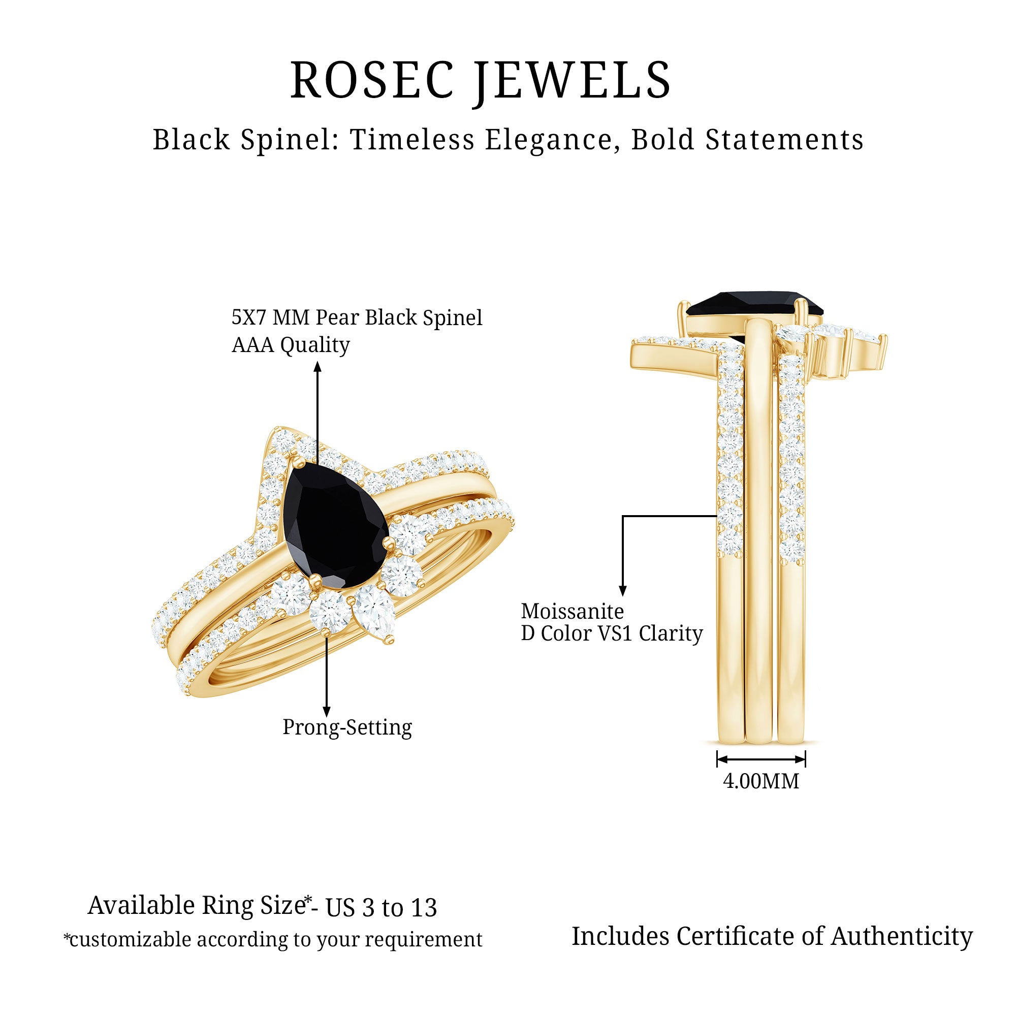 Certified Natural Black Spinel 3 Piece Wedding Ring Set with Moissanite AAA - Rosec Jewels
