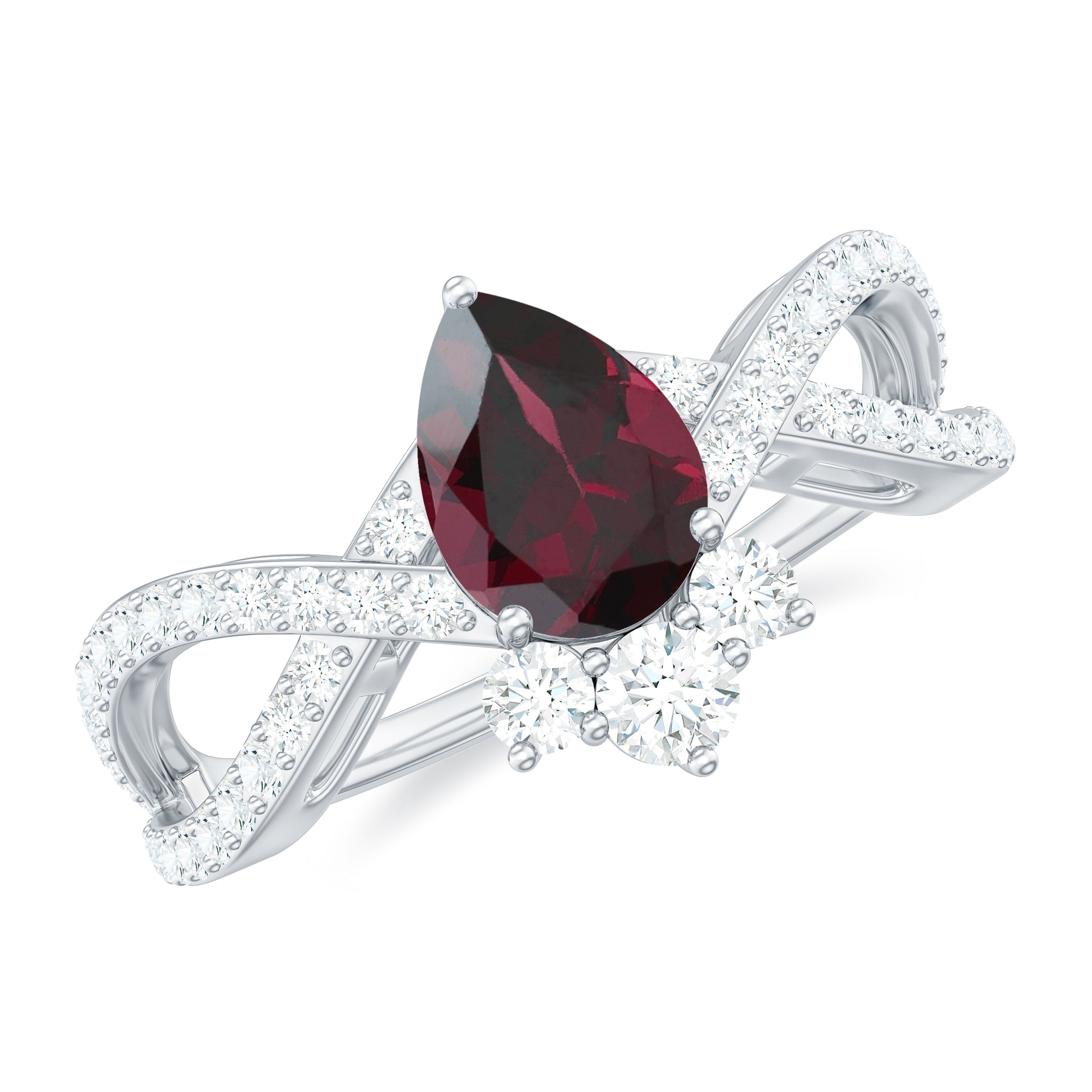 1.75 CT Pear Cut Rhodolite Designer Solitaire Engagement Ring with Crossover Diamond