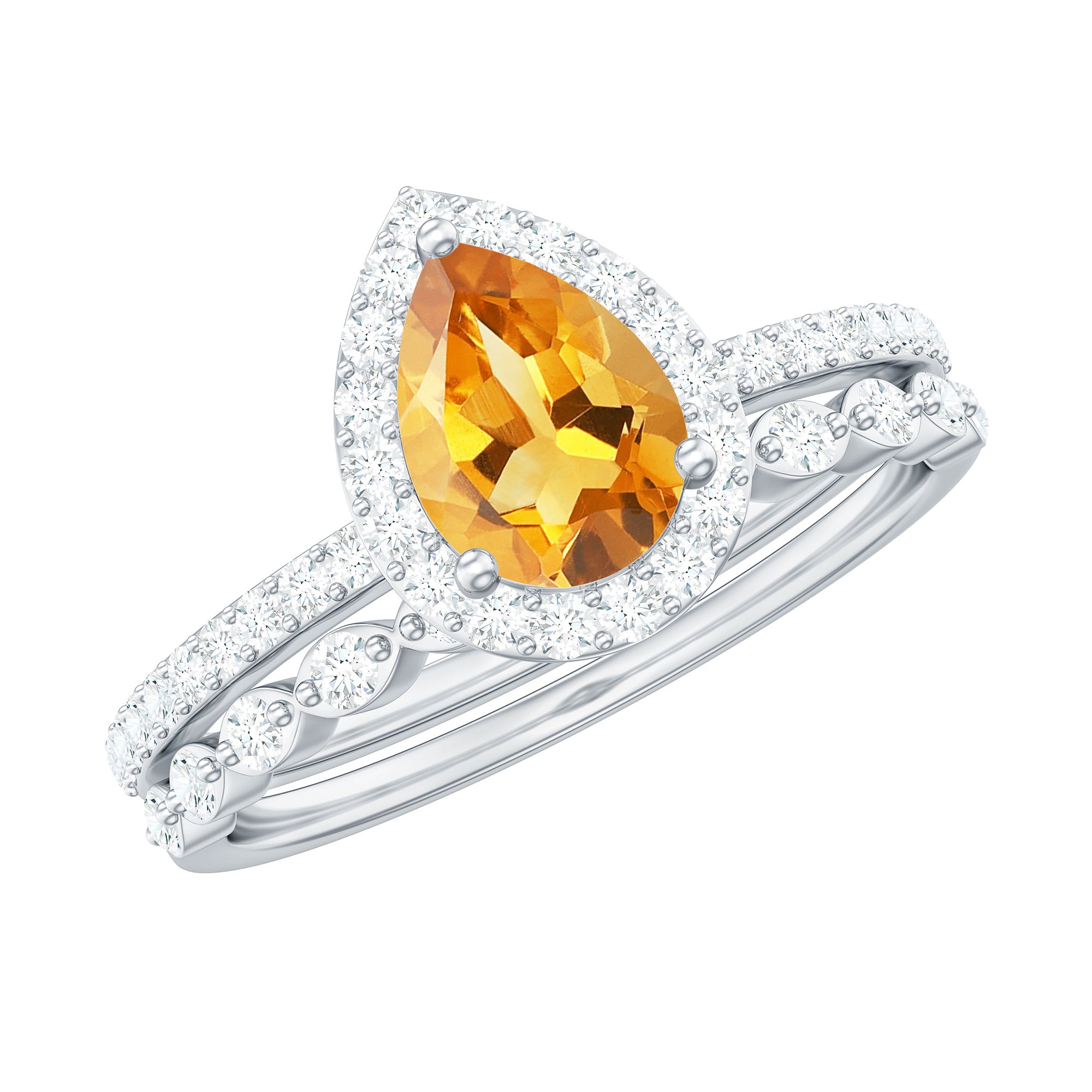 Rosec Jewels-Real 0.6 Carat Citrine Teardrop Bridal Ring Set with Diamond