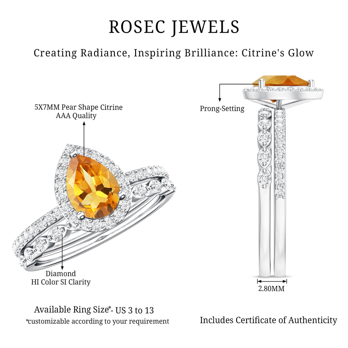 Real 0.6 Carat Citrine Teardrop Bridal Ring Set with Diamond AAA - Rosec Jewels