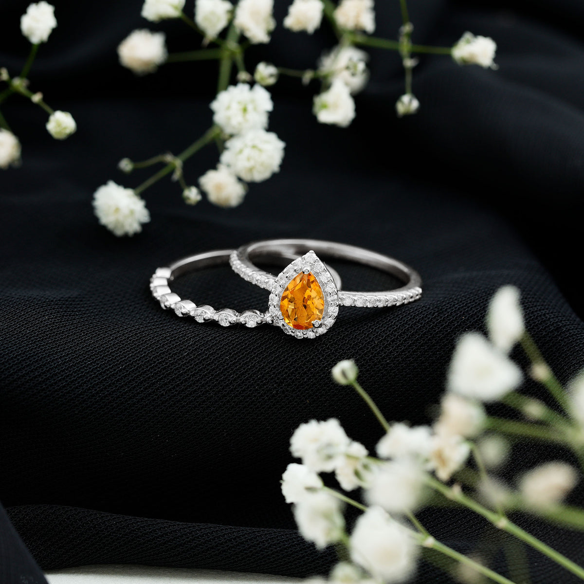 Real 0.6 Carat Citrine Teardrop Bridal Ring Set with Diamond AAA - Rosec Jewels