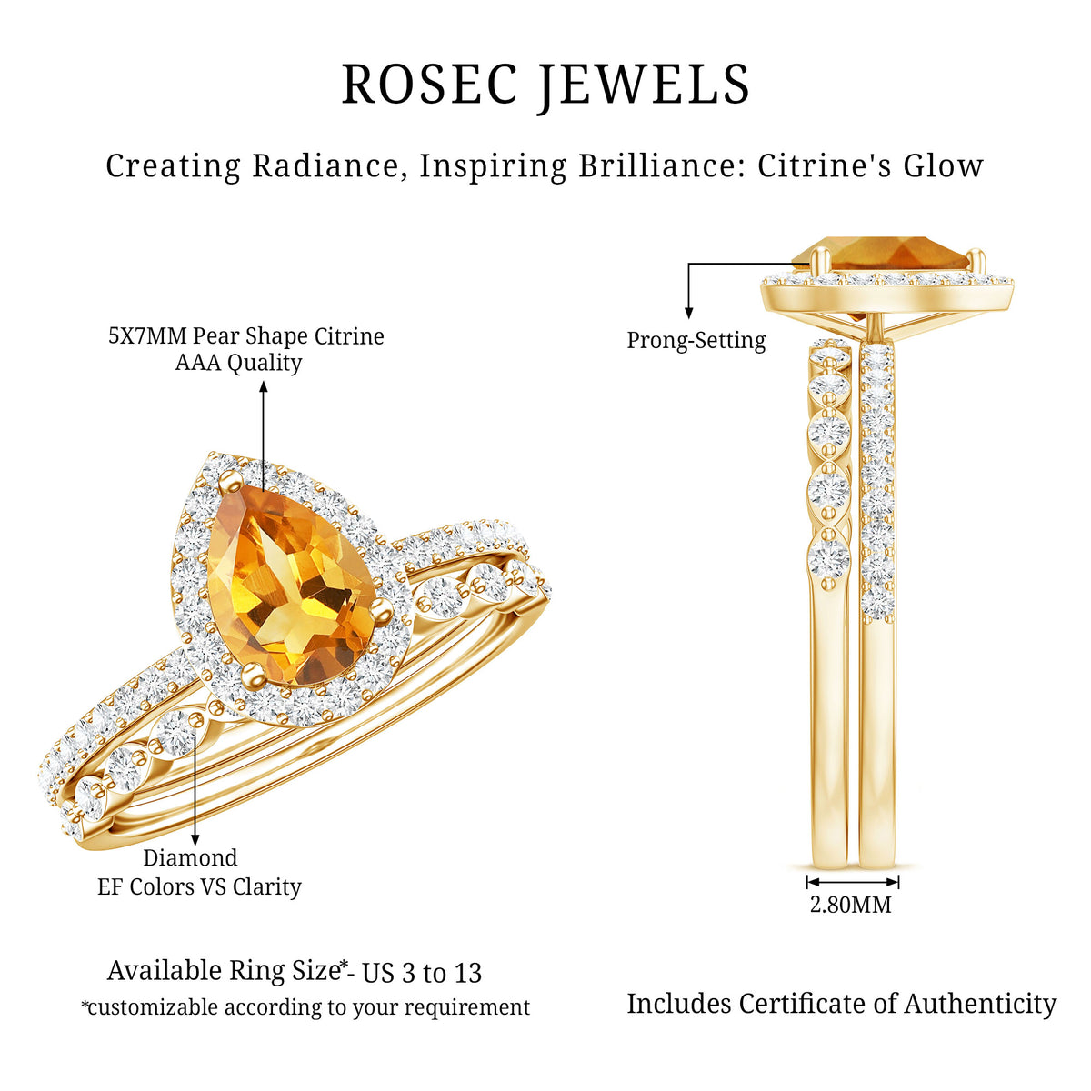 Real 0.6 Carat Citrine Teardrop Bridal Ring Set with Diamond AAA - Rosec Jewels