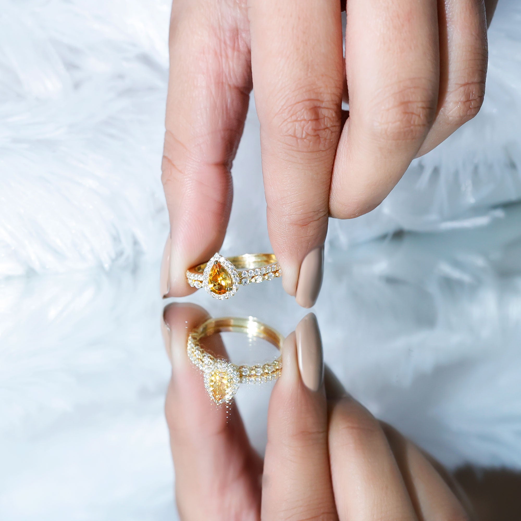 Rosec Jewels-Real 0.6 Carat Citrine Teardrop Bridal Ring Set with Diamond