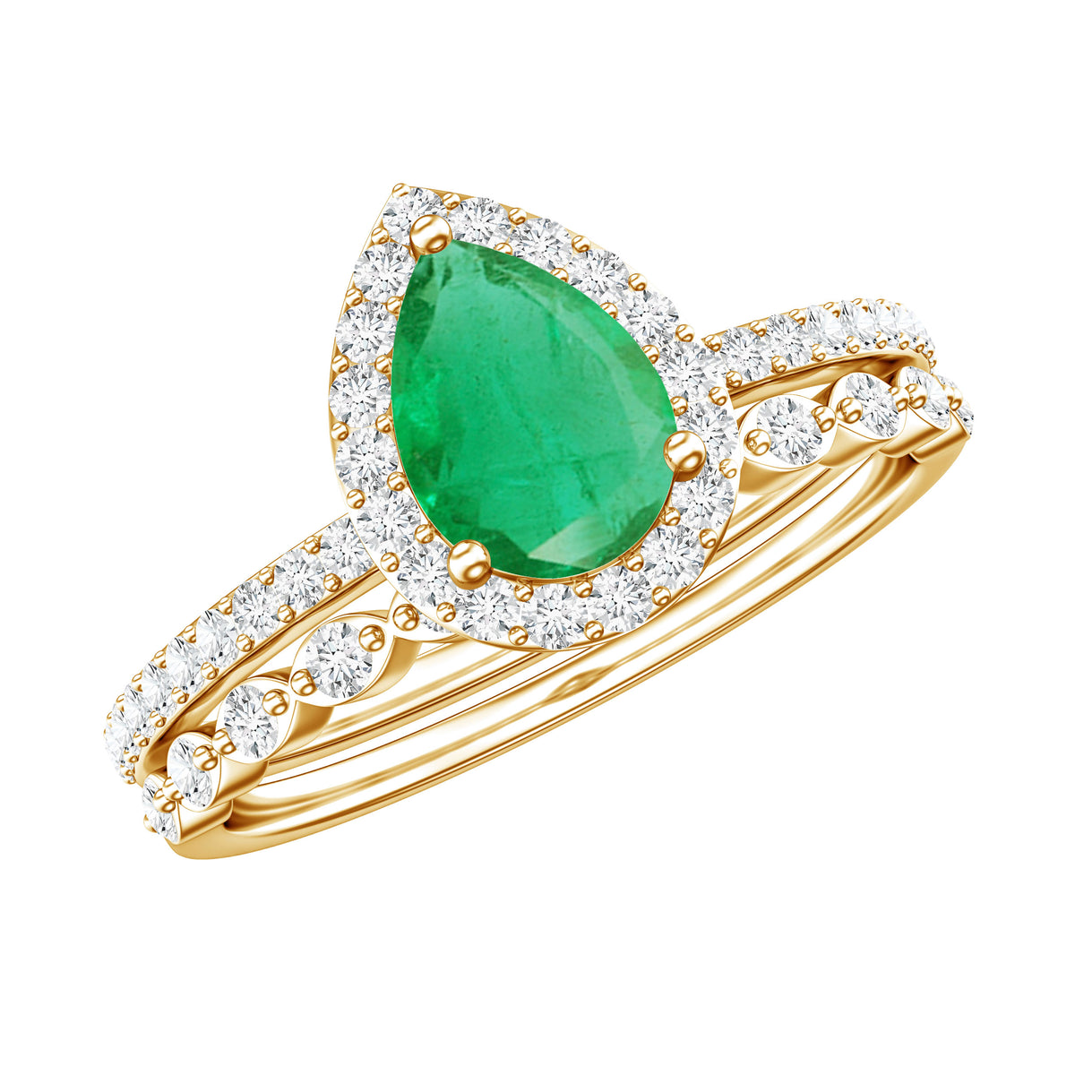 Natural Emerald Diamond Teardrop Engagement Ring and Wedding Band Set AAA - Rosec Jewels