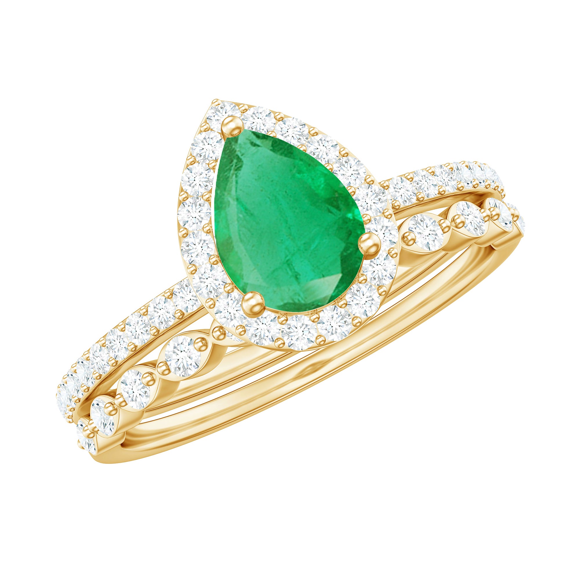 Natural Emerald Diamond Teardrop Engagement Ring and Wedding Band Set AAA - Rosec Jewels