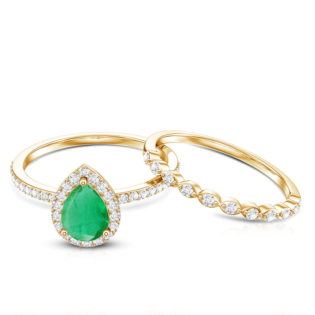 Natural Emerald Diamond Teardrop Engagement Ring and Wedding Band Set AAA - Rosec Jewels