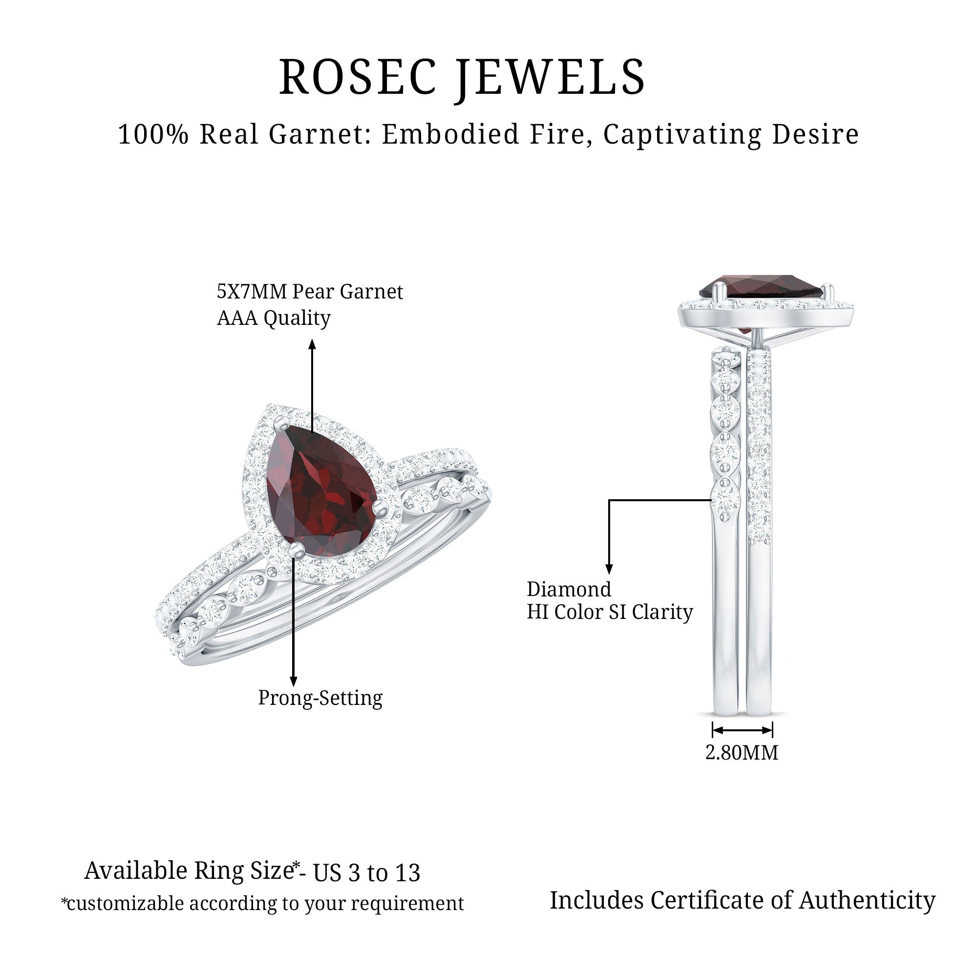 Natural 5X7mm Pear Shape Garnet Wedding Engagement Ring Set of 2 AAA - Rosec Jewels
