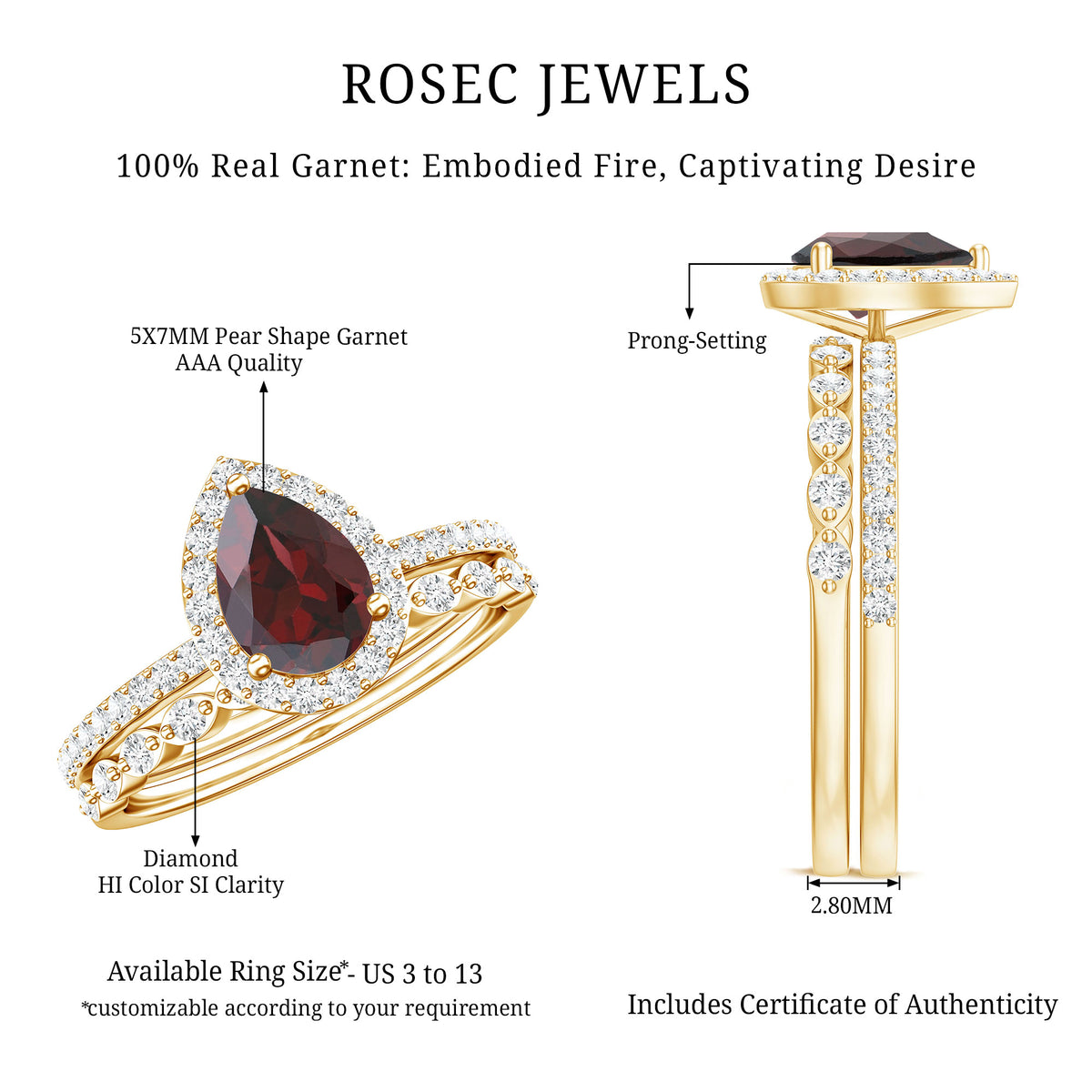 Natural 0.8 Carat Pear Shape Garnet Wedding Engagement Ring Set of 2 AAA - Rosec Jewels