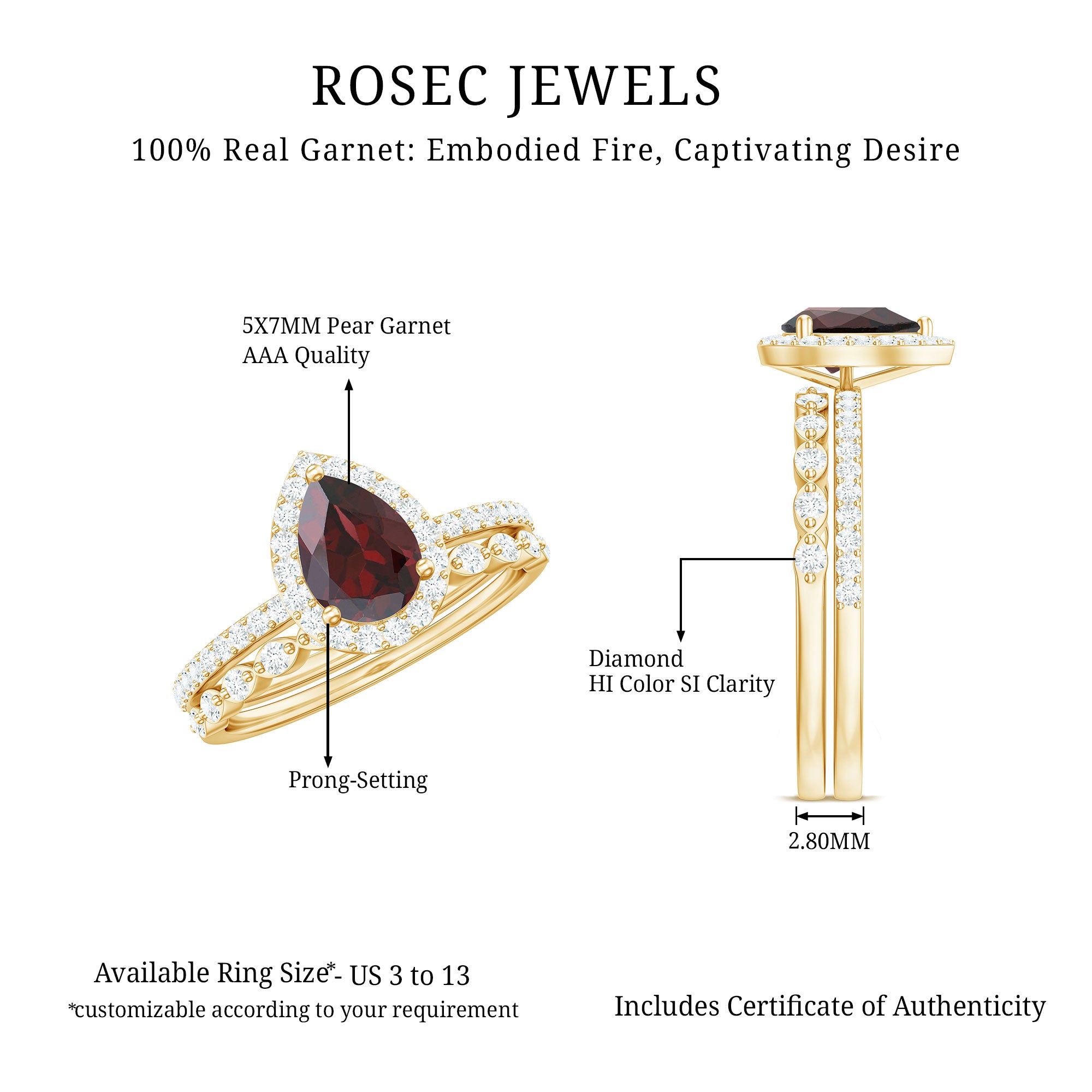 Natural 5X7mm Pear Shape Garnet Wedding Engagement Ring Set of 2 AAA - Rosec Jewels
