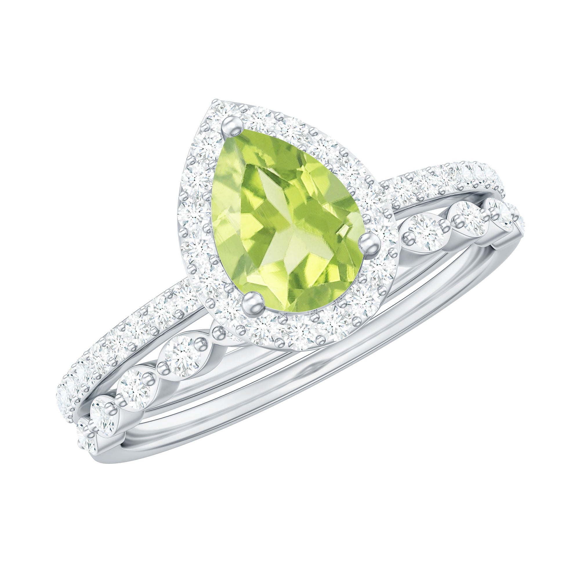 Natural 1 Carat Pear Shape Peridot Wedding Bridal Ring Set with Diamond AAA - Rosec Jewels
