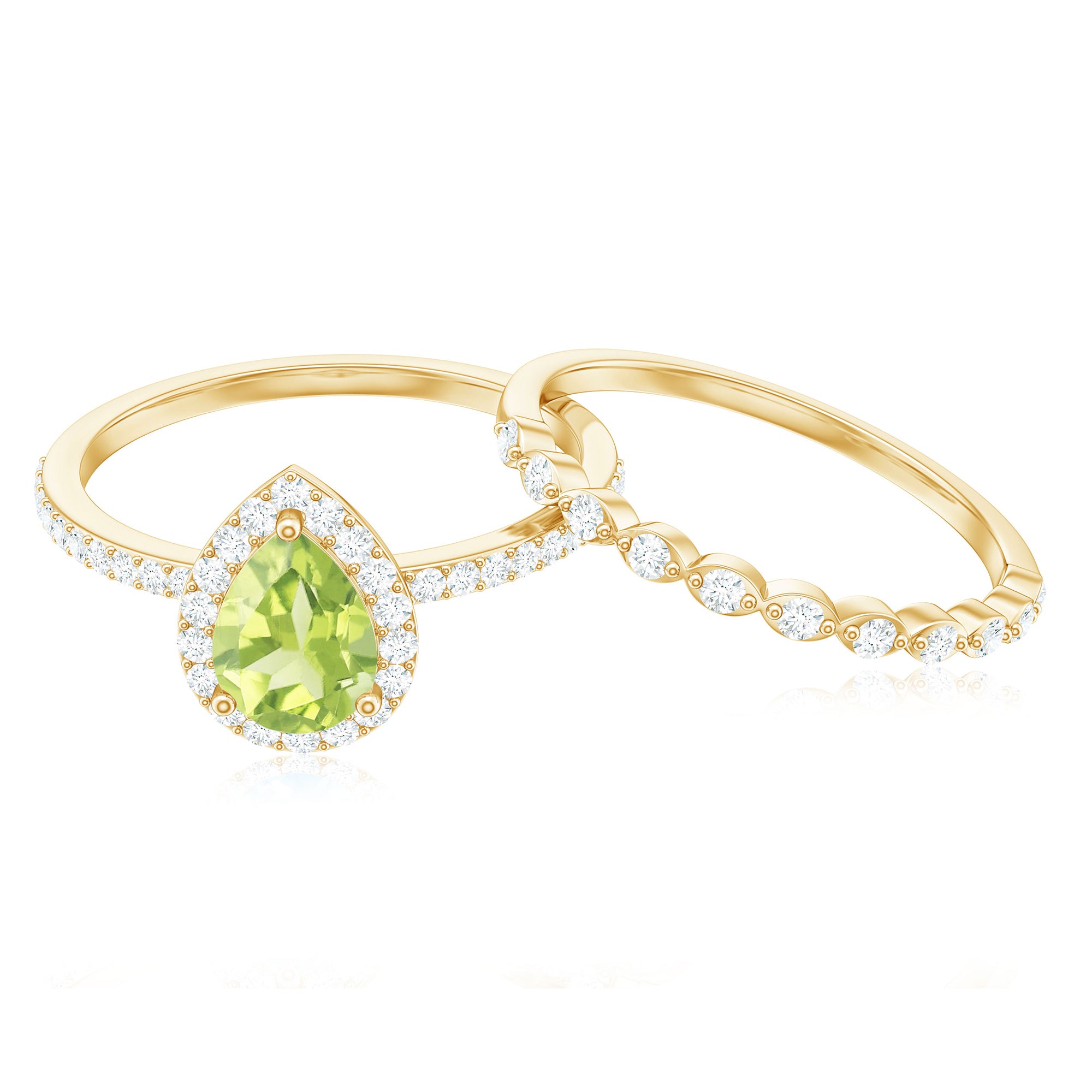 Natural 1 Carat Pear Shape Peridot Wedding Bridal Ring Set with Diamond AAA - Rosec Jewels