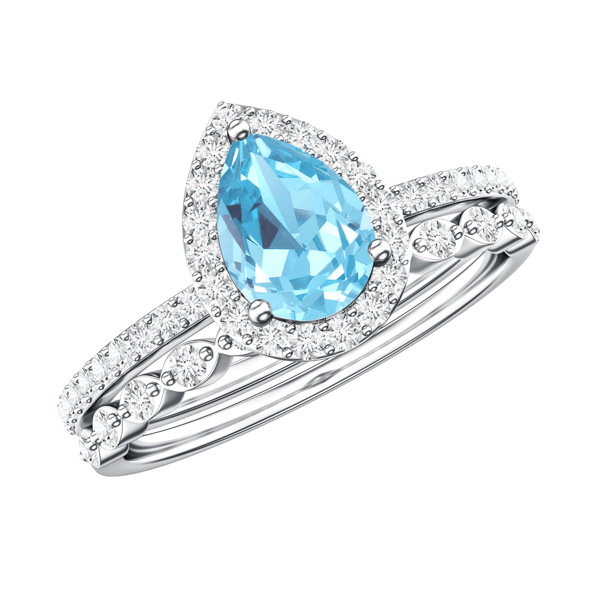 Genuine 1 Carat Aquamarine Bridal Ring Set with Diamond AAA - Rosec Jewels