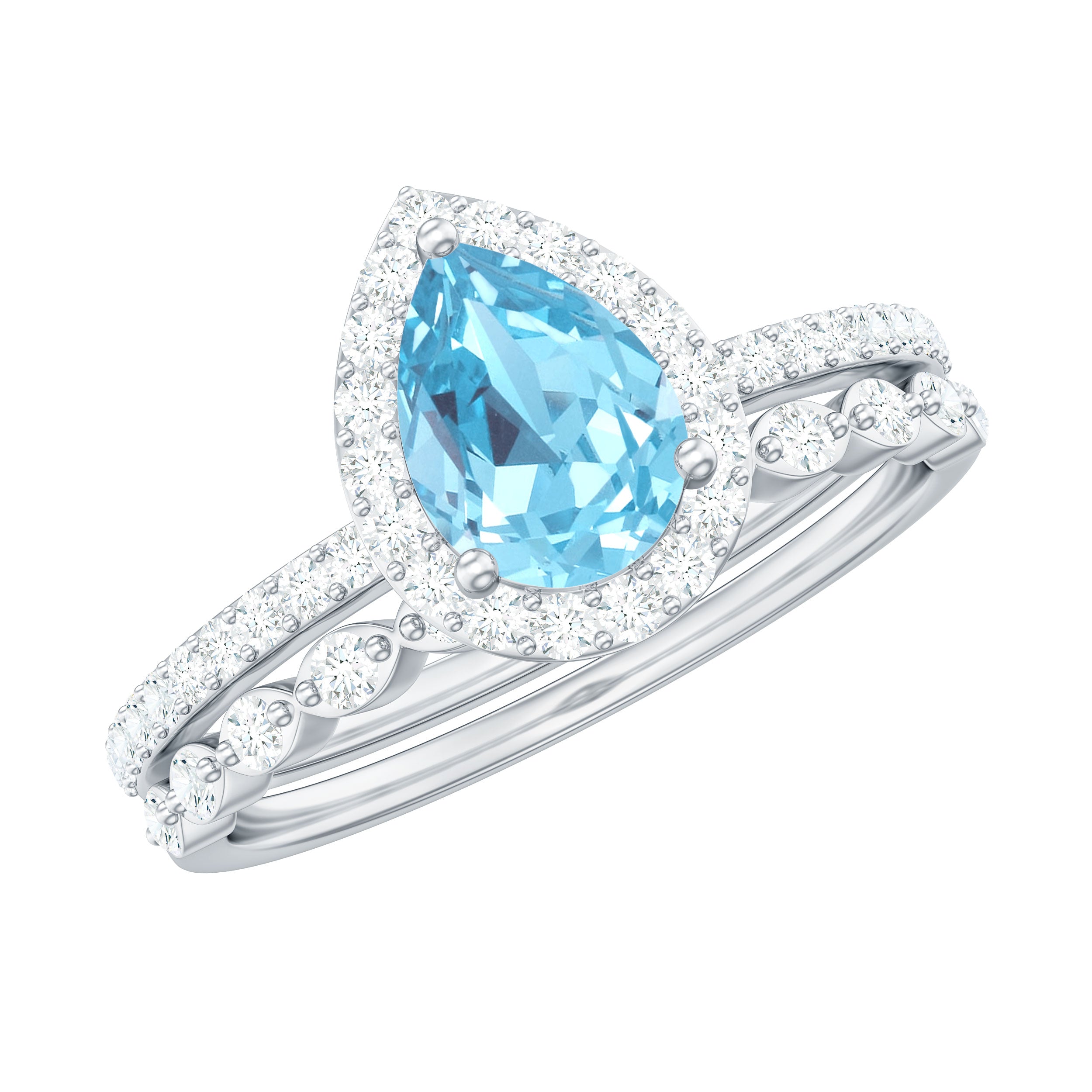 Rosec Jewels-Genuine 1 Carat Aquamarine Bridal Ring Set with Diamond
