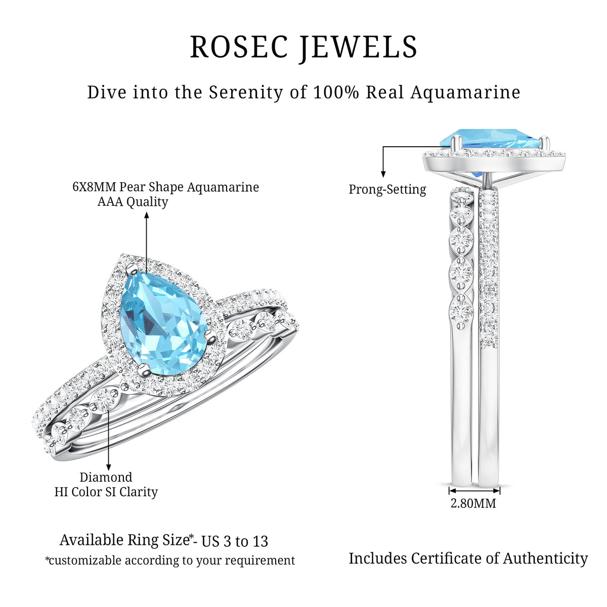 Genuine 1 Carat Aquamarine Bridal Ring Set with Diamond AAA - Rosec Jewels