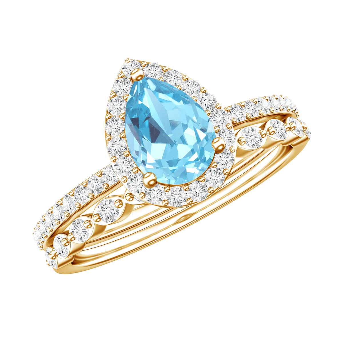 Genuine 1 Carat Aquamarine Bridal Ring Set with Diamond AAA - Rosec Jewels