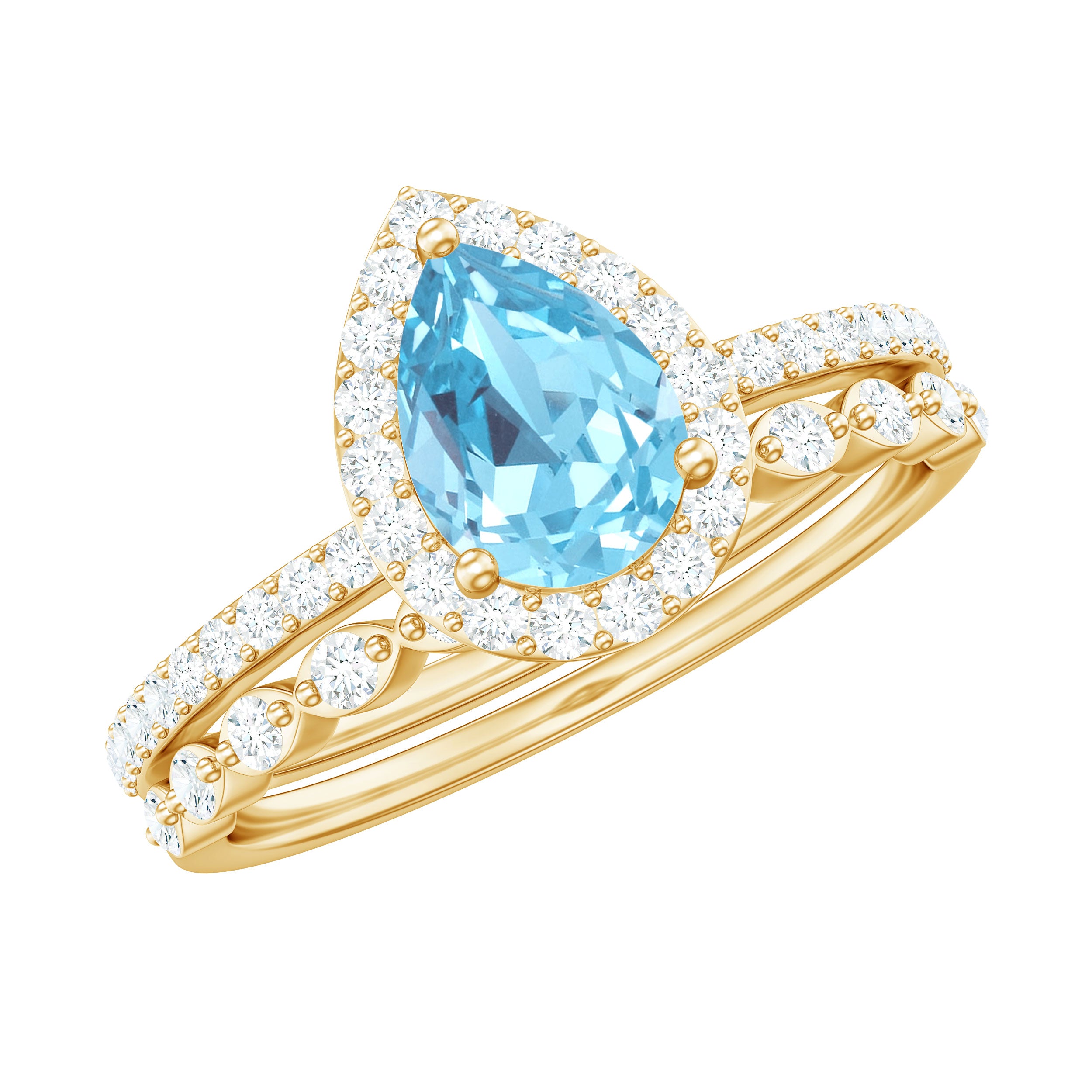 Rosec Jewels-Genuine 1 Carat Aquamarine Bridal Ring Set with Diamond