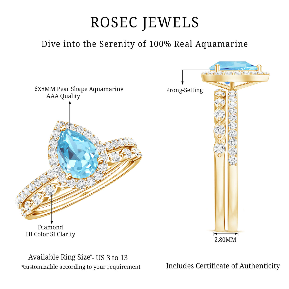 Genuine 1 Carat Aquamarine Bridal Ring Set with Diamond AAA - Rosec Jewels