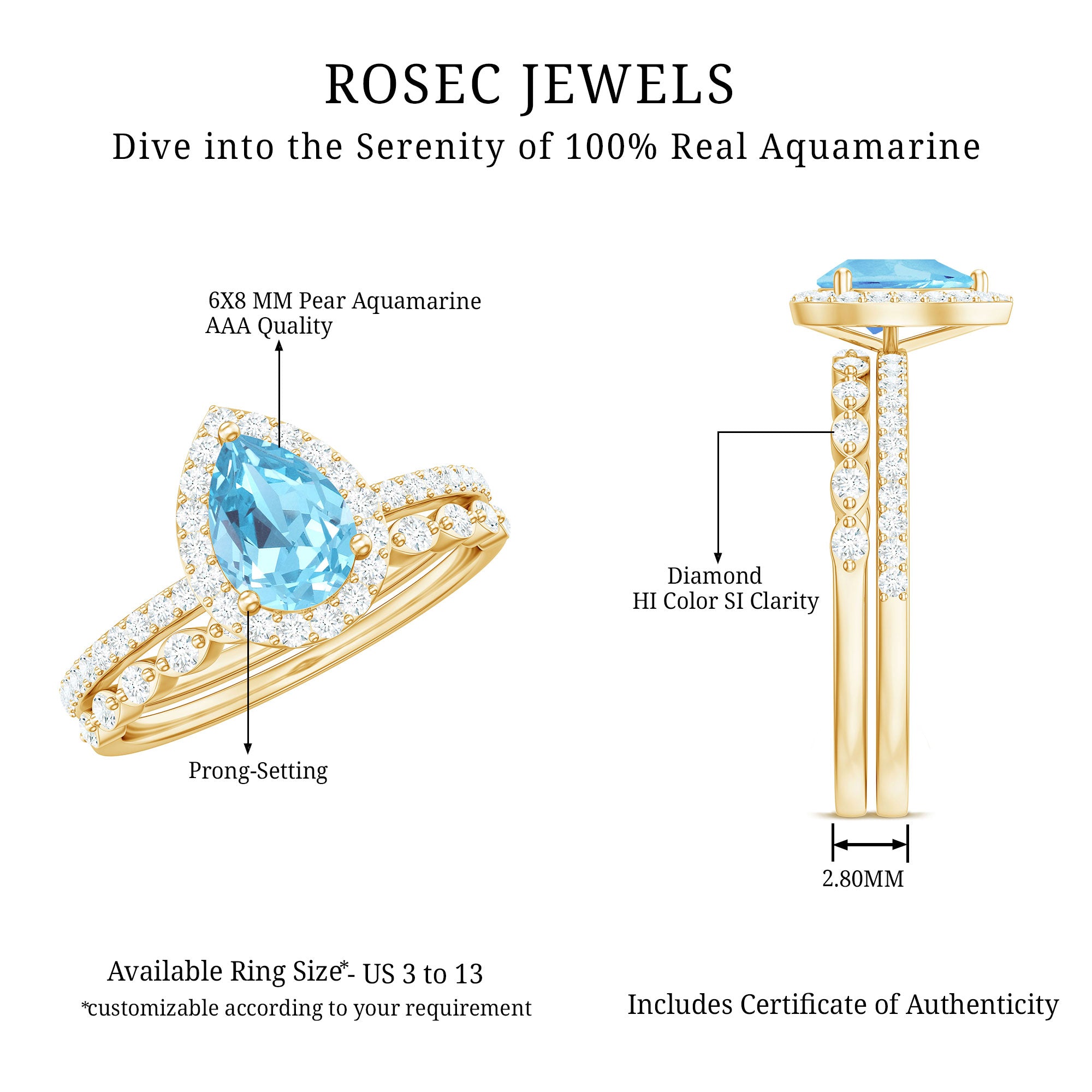 Rosec Jewels-Genuine 1 Carat Aquamarine Bridal Ring Set with Diamond