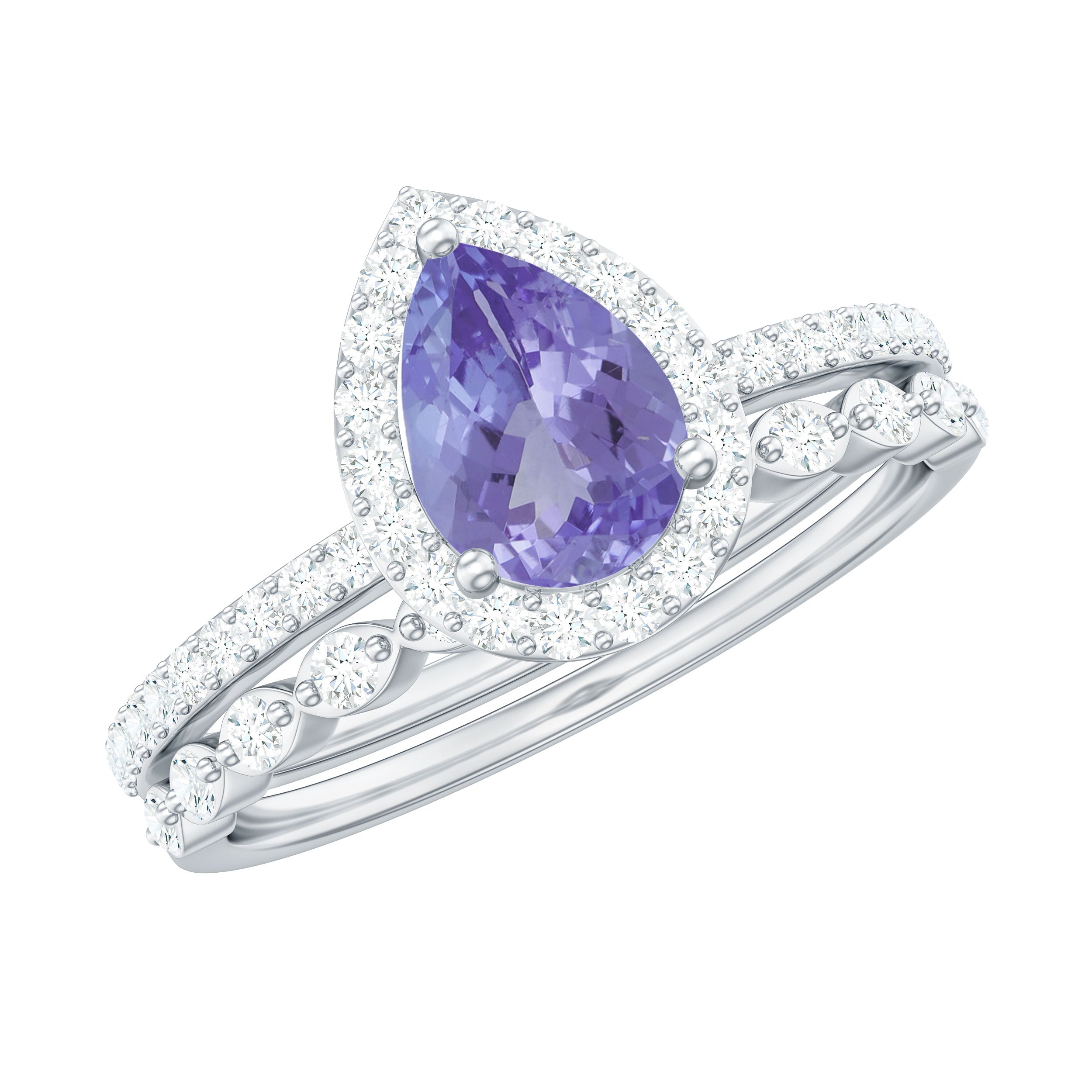 Rosec Jewels-Natural Pear Shape Tanzanite Diamond Wedding Engagement Ring Set of 2