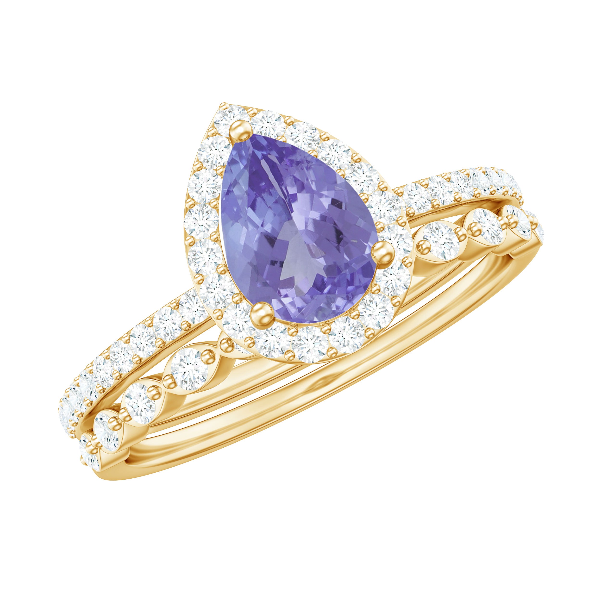 Rosec Jewels-Natural Pear Shape Tanzanite Diamond Wedding Engagement Ring Set of 2