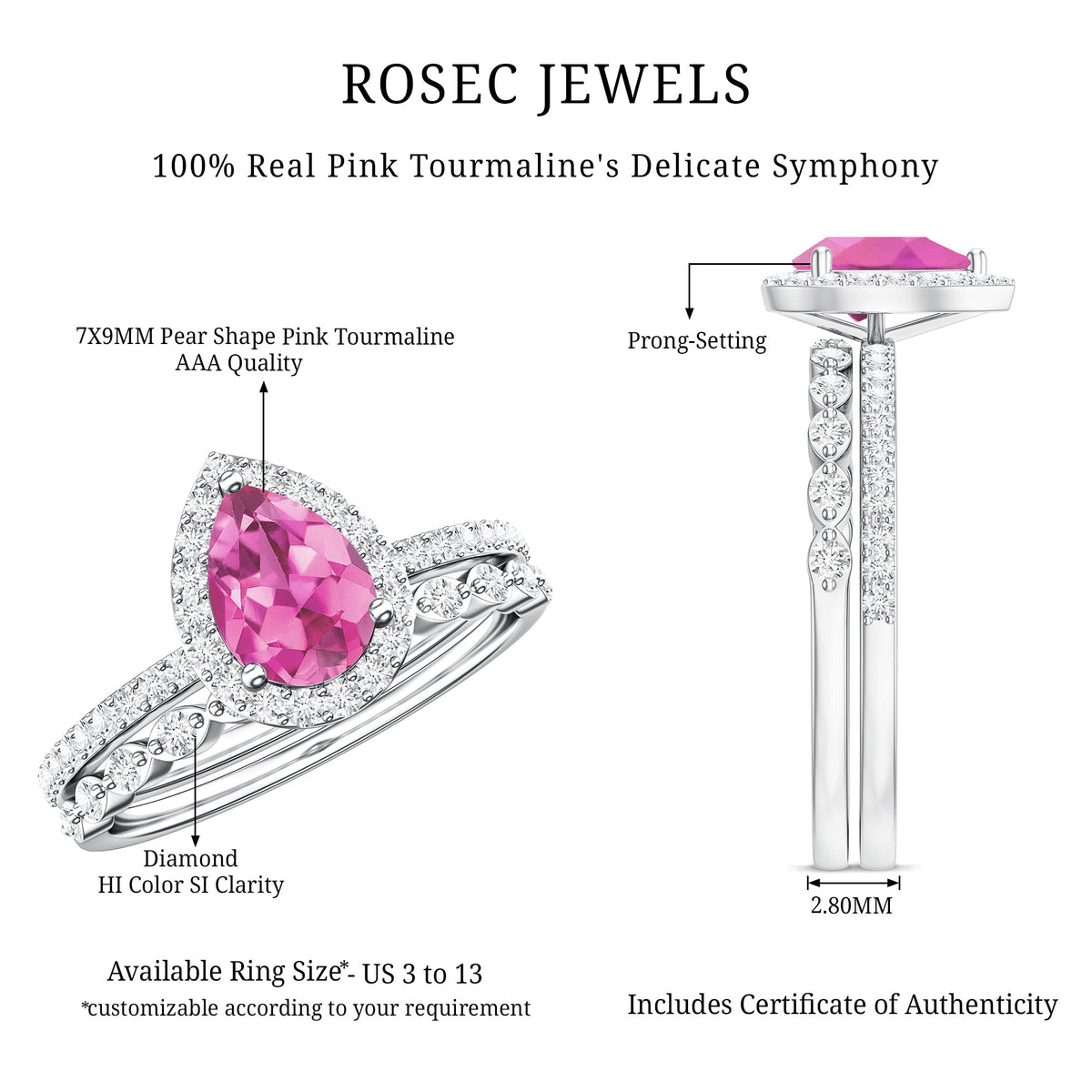 Teardrop Pink tourmaline Bridal Ring Set with Diamond AAA - Rosec Jewels
