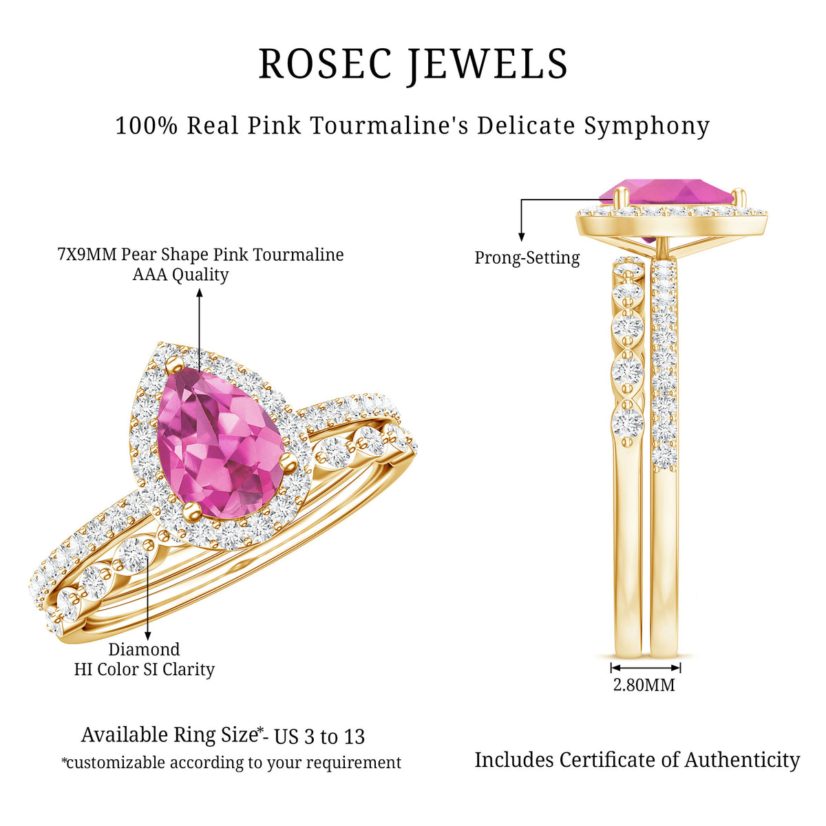 Teardrop Pink tourmaline Bridal Ring Set with Diamond AAA - Rosec Jewels