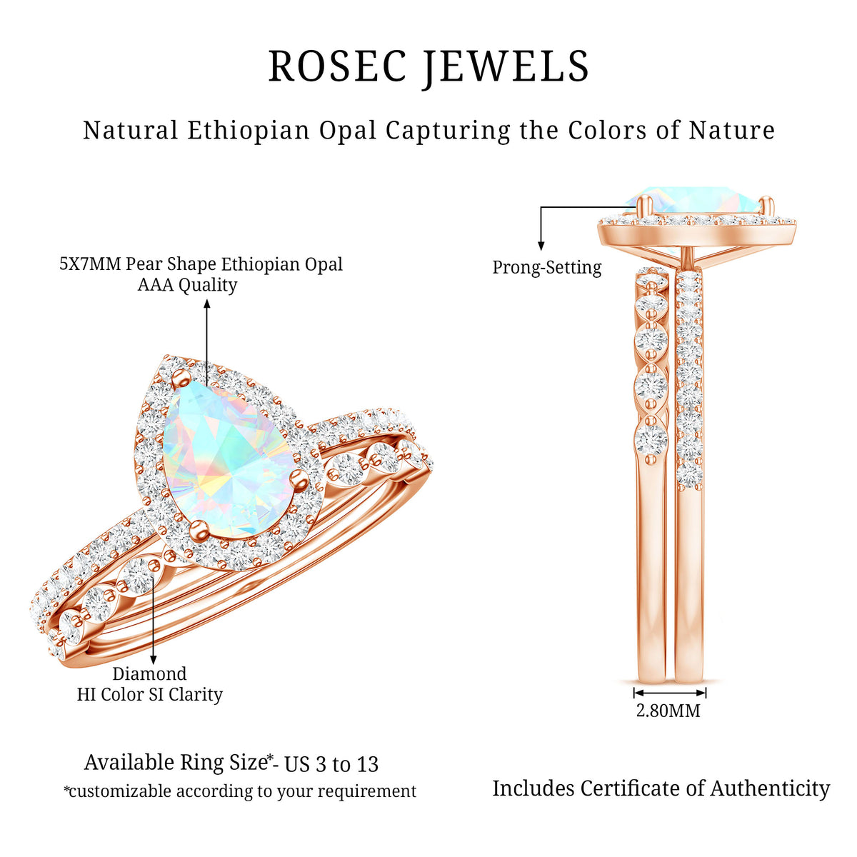 Natural Ethiopian Opal Diamond Pear Shaped Engagement Ring and Wedding Band Set AAA - Rosec Jewels