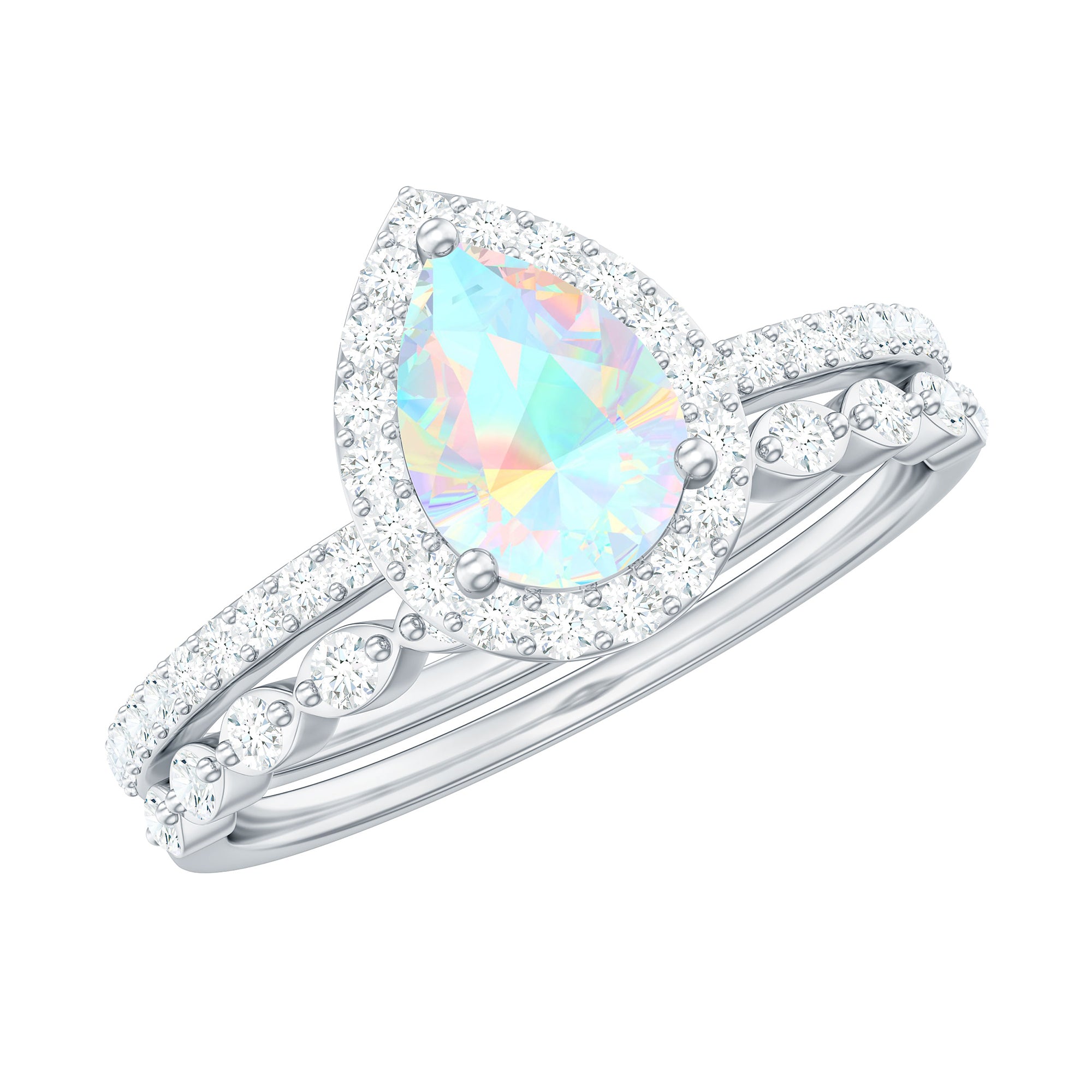 Natural Ethiopian Opal Diamond Pear Shaped Engagement Ring and Wedding Band Set