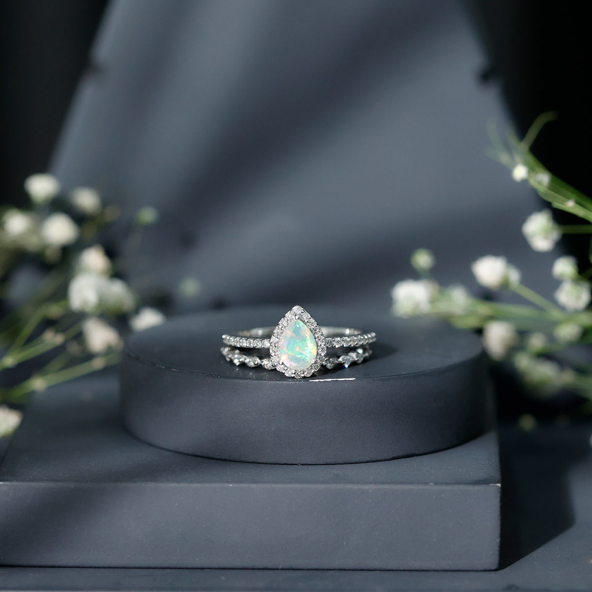 Natural Ethiopian Opal Diamond Pear Shaped Engagement Ring and Wedding Band Set AAA - Rosec Jewels
