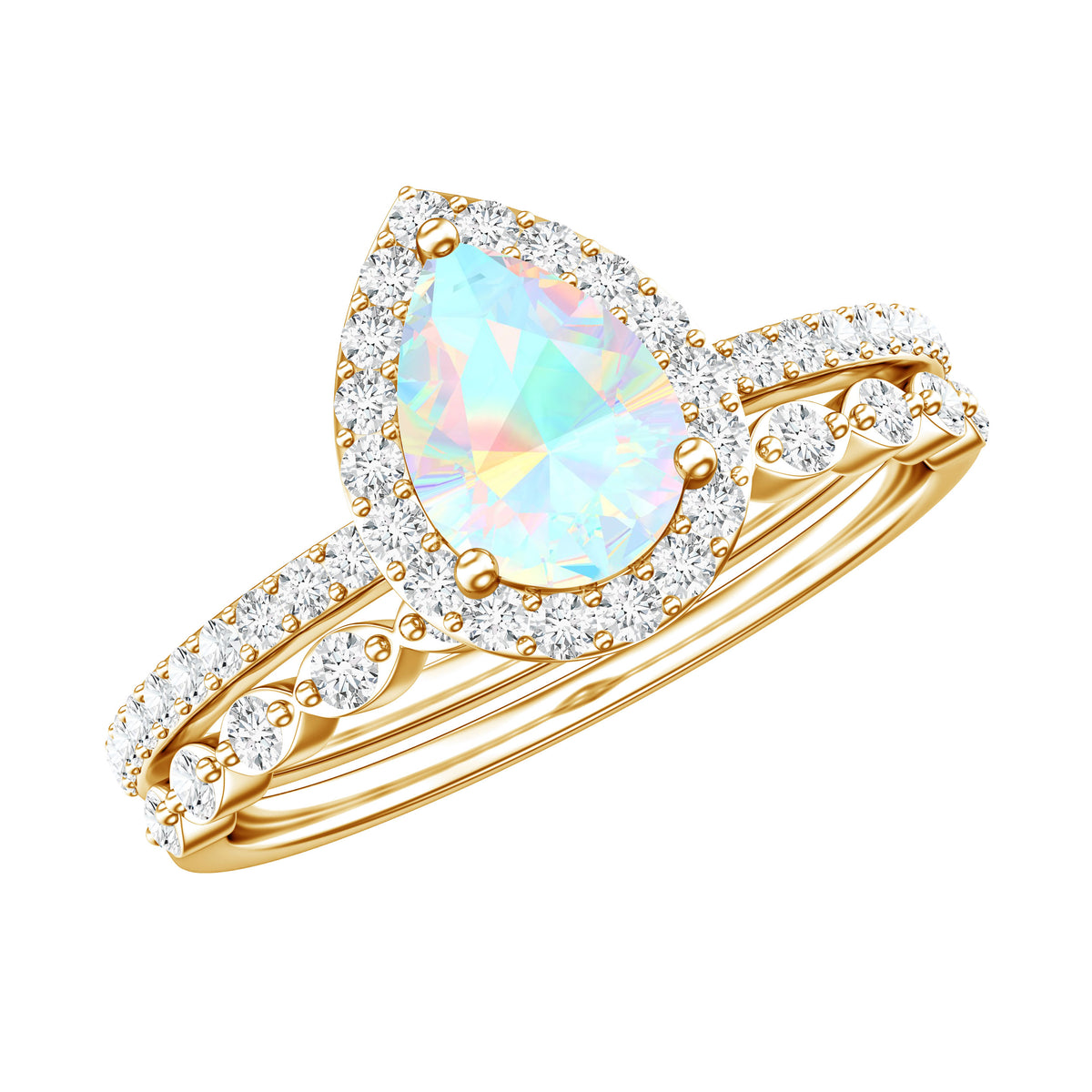 Natural Ethiopian Opal Diamond Pear Shaped Engagement Ring and Wedding Band Set AAA - Rosec Jewels