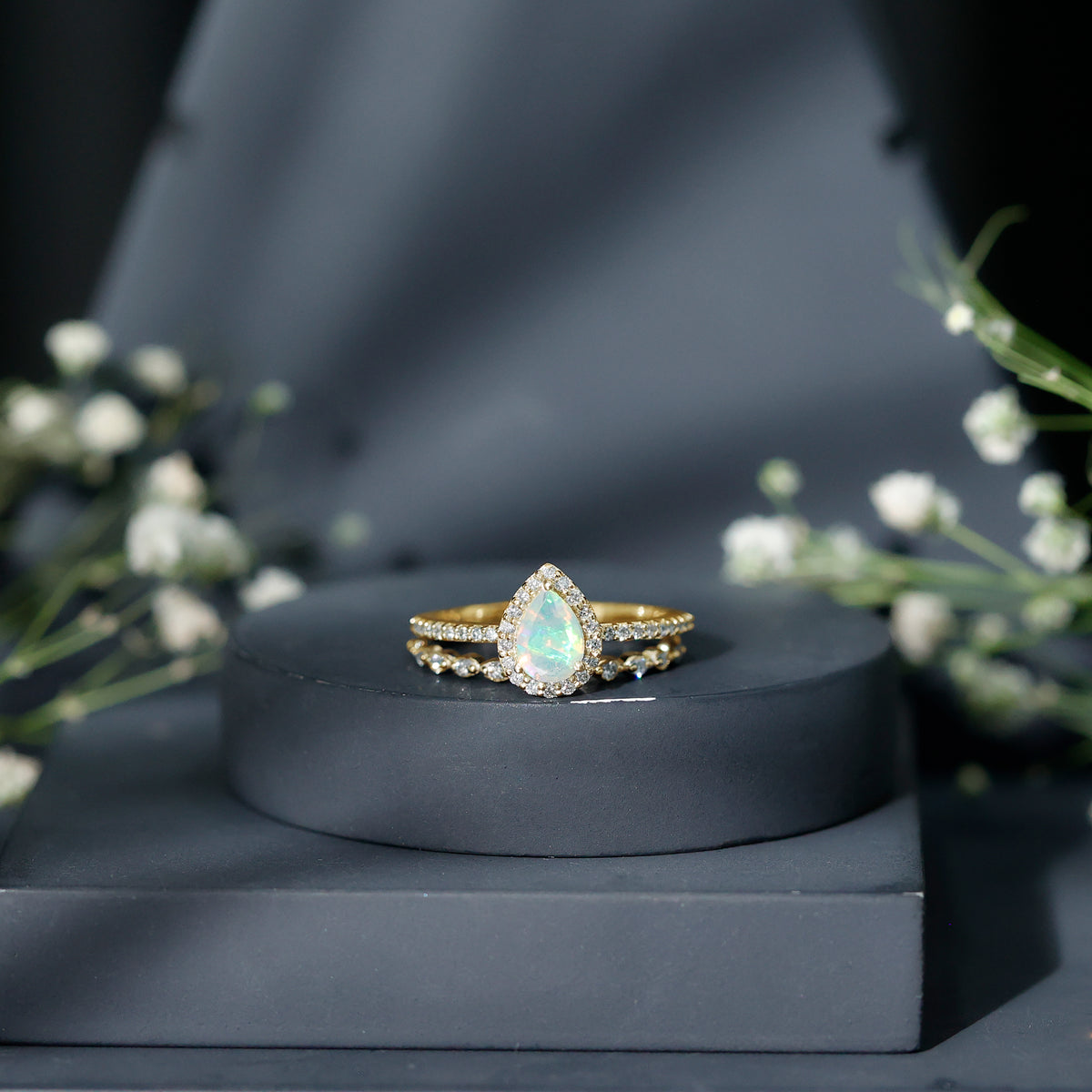 Natural Ethiopian Opal Diamond Pear Shaped Engagement Ring and Wedding Band Set AAA - Rosec Jewels