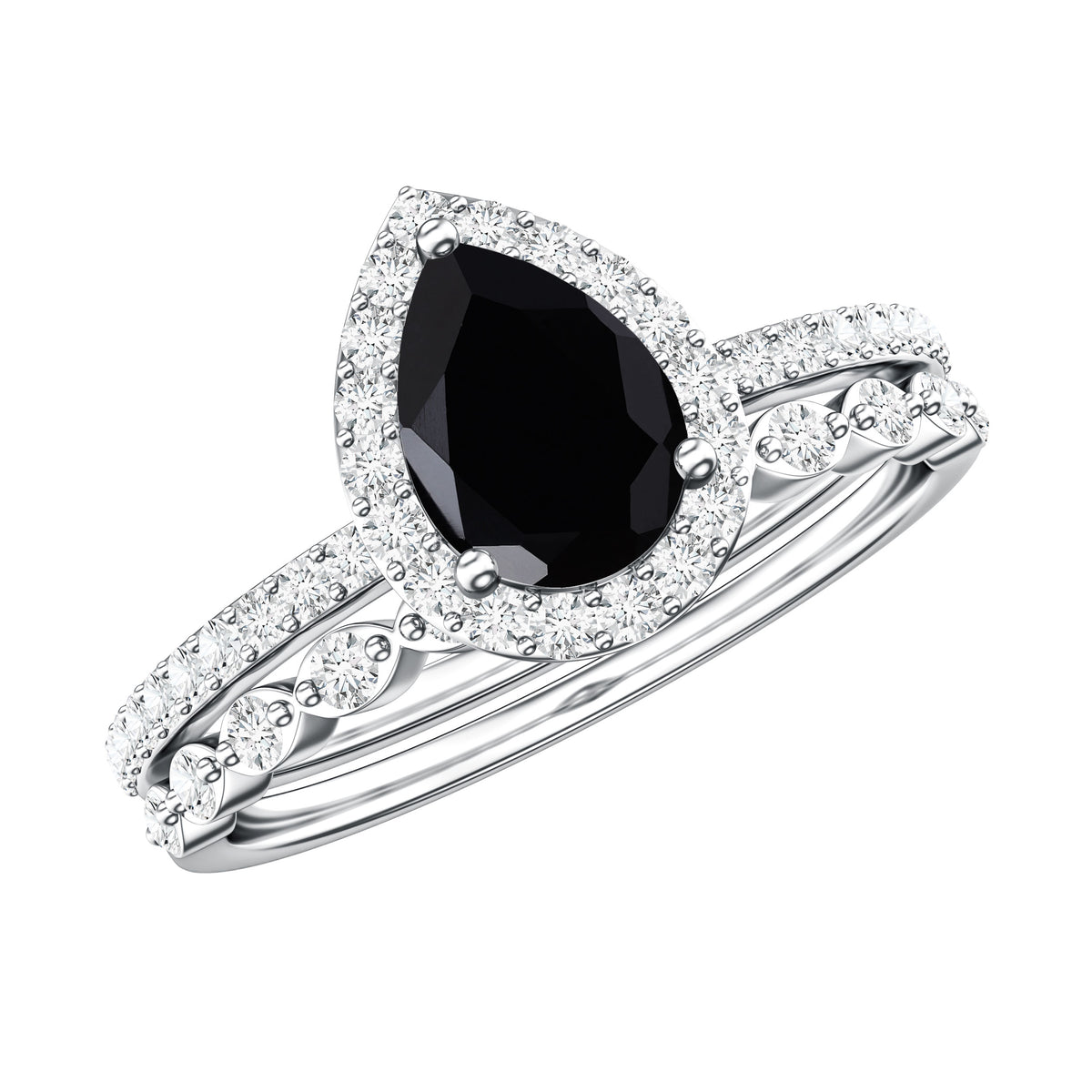 Pear Shaped Black Onyx and Diamond Halo Bridal Ring Set With Certificate AAA - Rosec Jewels