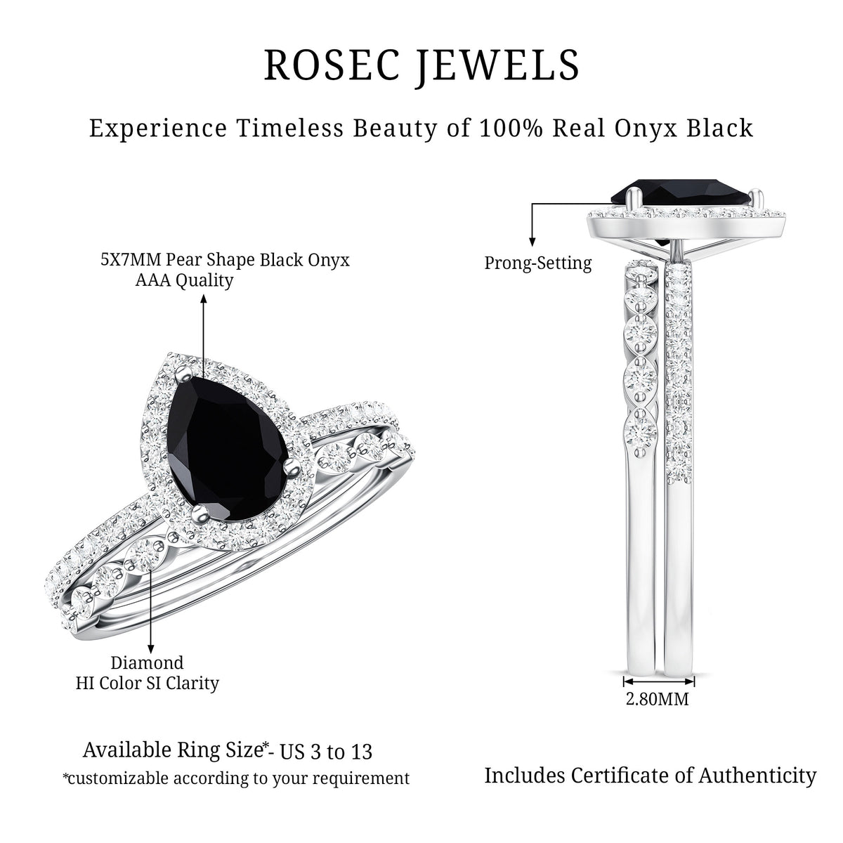 Pear Shaped Black Onyx and Diamond Halo Bridal Ring Set With Certificate AAA - Rosec Jewels