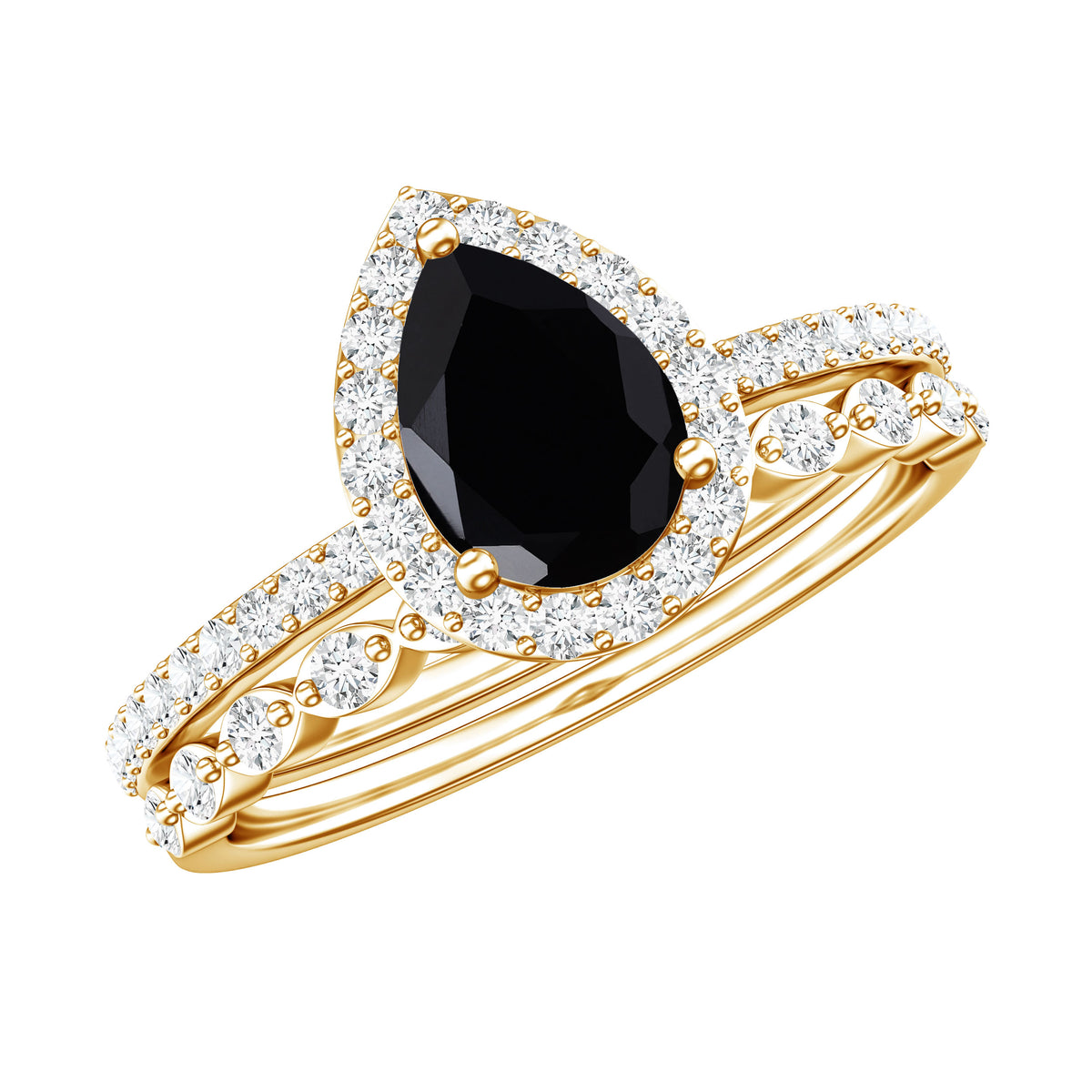 Pear Shaped Black Onyx and Diamond Halo Bridal Ring Set With Certificate AAA - Rosec Jewels