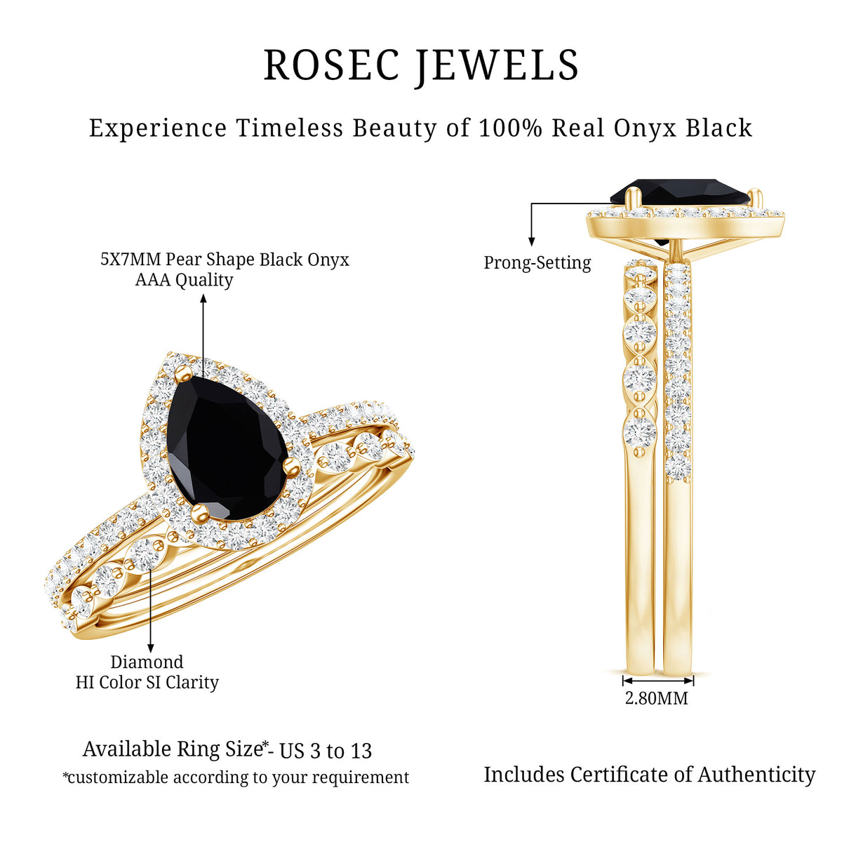 Pear Shaped Black Onyx and Diamond Halo Bridal Ring Set With Certificate AAA - Rosec Jewels