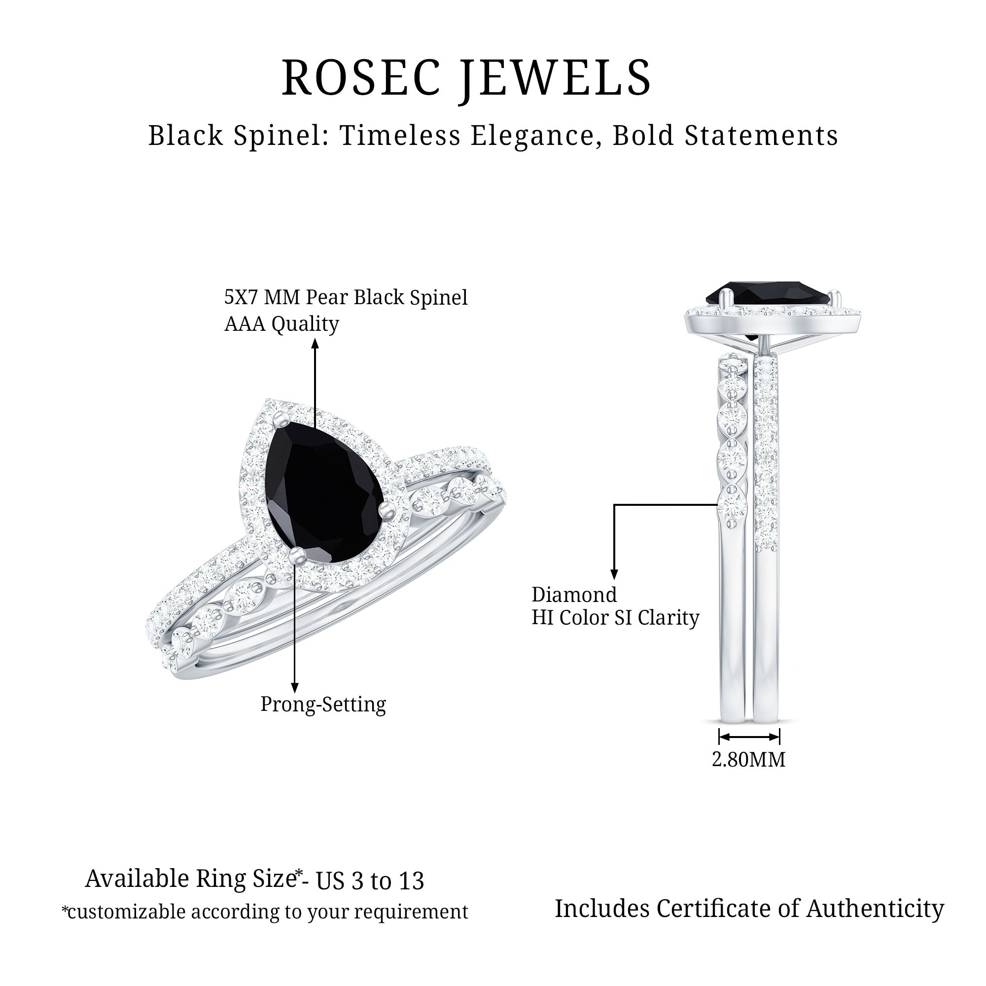 Natural Pear Shape Black Spinel Diamond Wedding Engagement Ring Set of 2 AAA - Rosec Jewels
