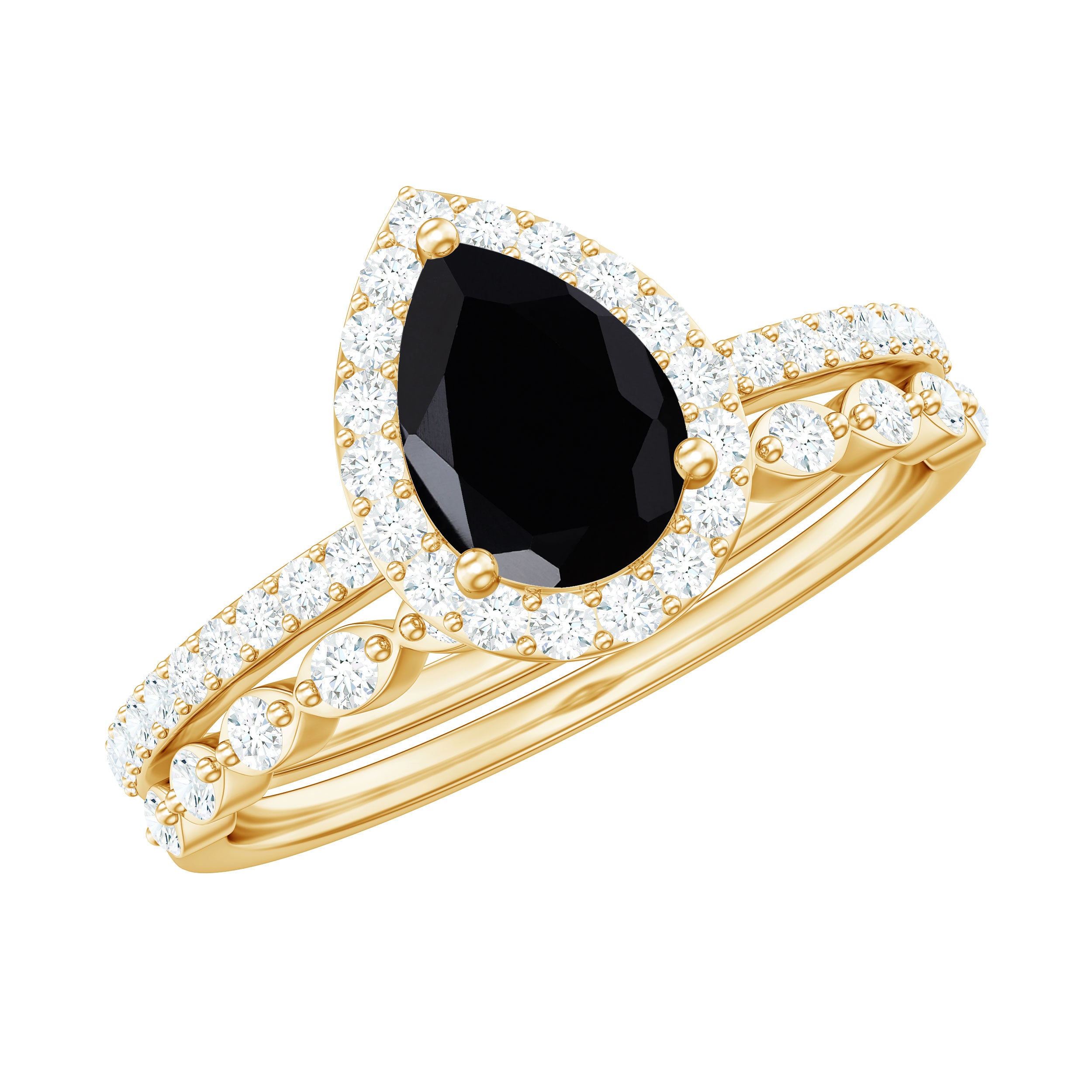 Natural Pear Shape Black Spinel Diamond Wedding Engagement Ring Set of 2 AAA - Rosec Jewels